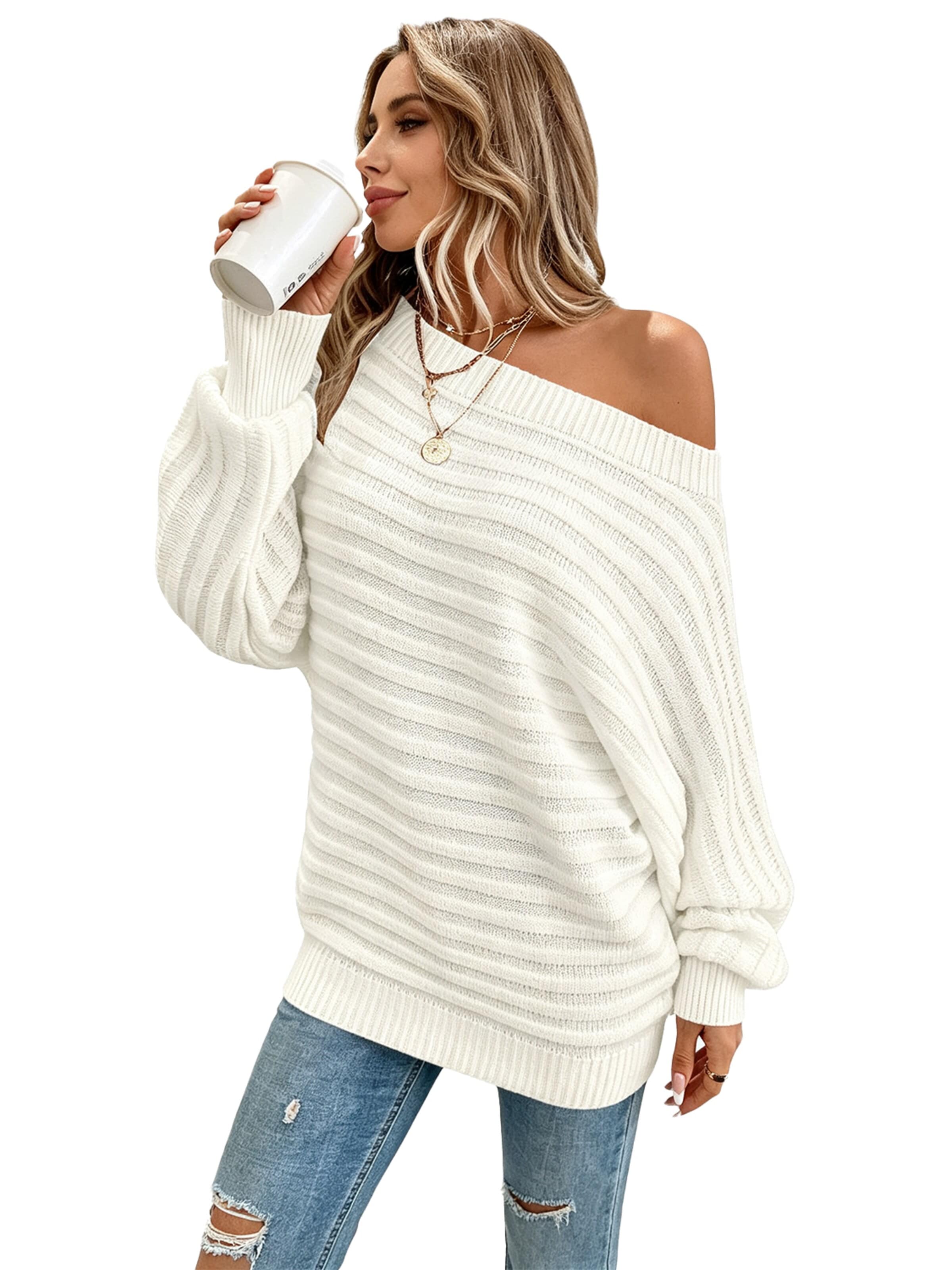 KoJooin Sweter 'Damen Strukturiertes Rippstrick Pullover Carmenausschnitt und Fledermausärmeln Oversize-Strickpulli' w kolorze biały