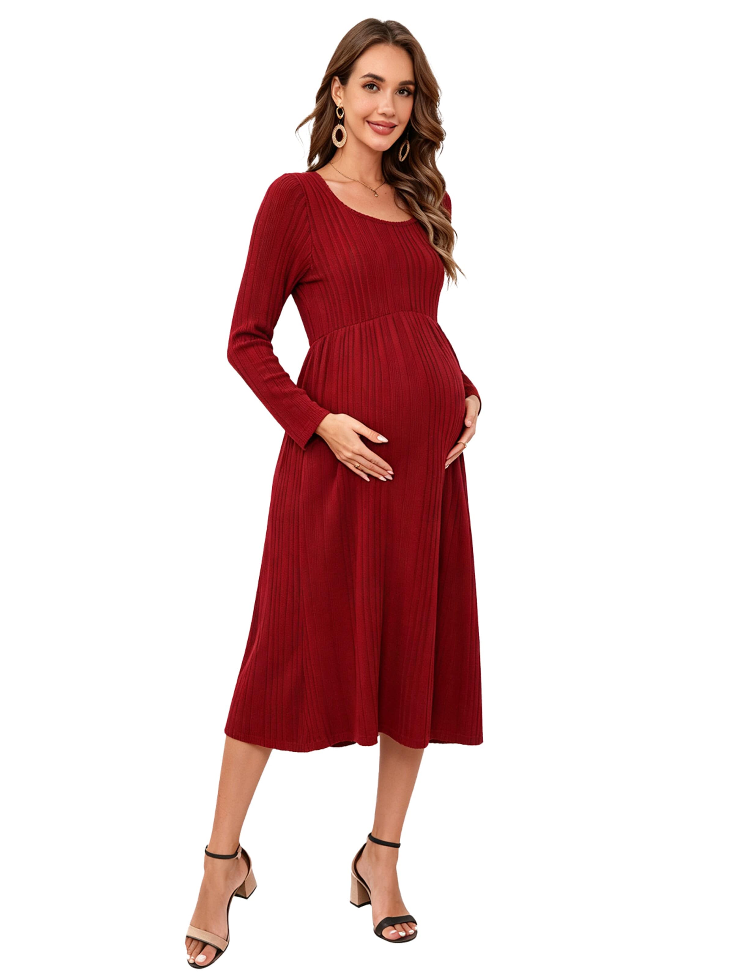 KoJooin Sukienka z dzianiny 'Damen Umstands-Strickkleid mit U-Ausschnitt,langen Ärmeln und Rüschensaum,Midi-Kleid für Babyshower' w kolorze czerwony