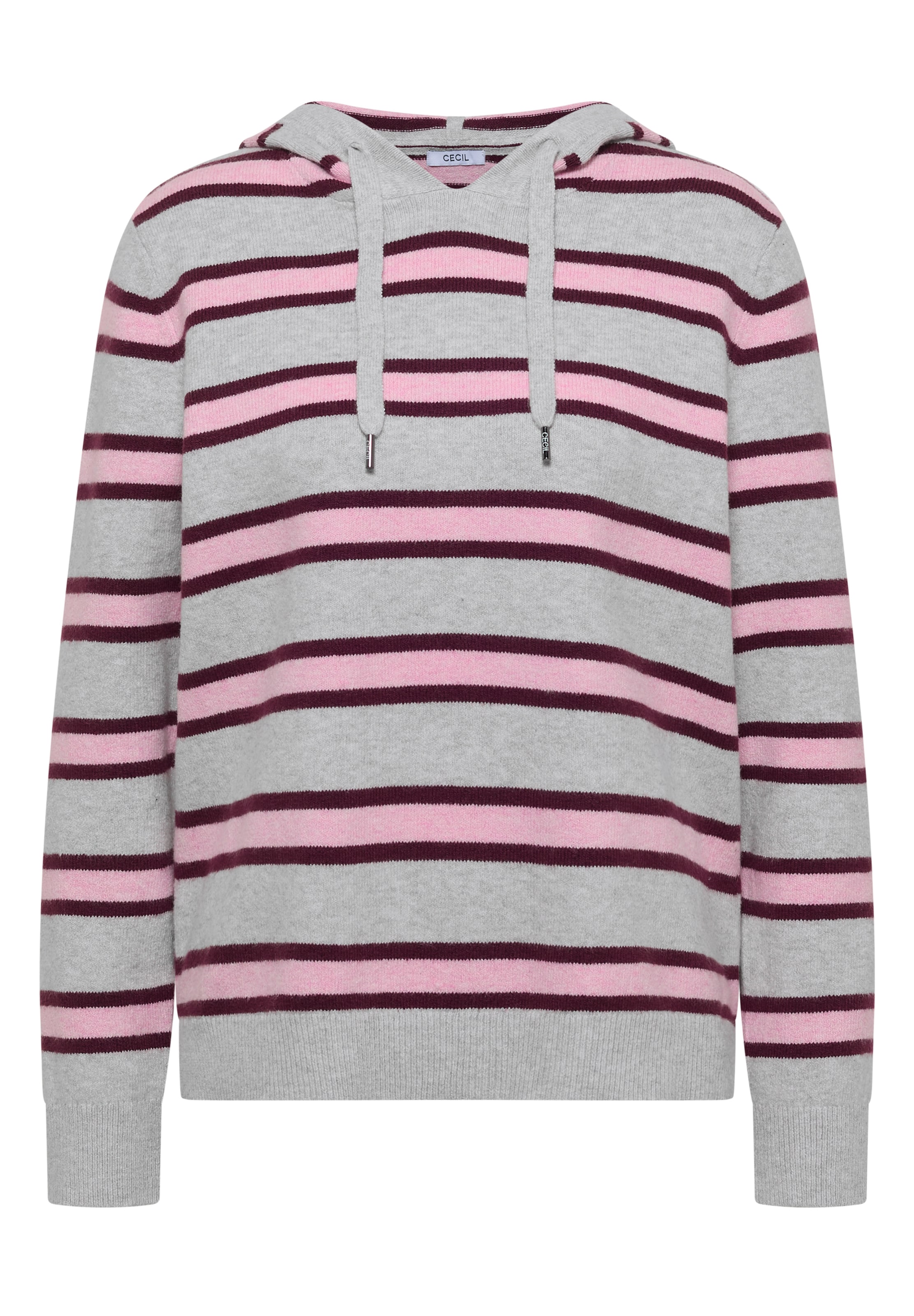 CECIL Langarm Pullover mit Kapuze und Streifen in Grau: Vorderseite