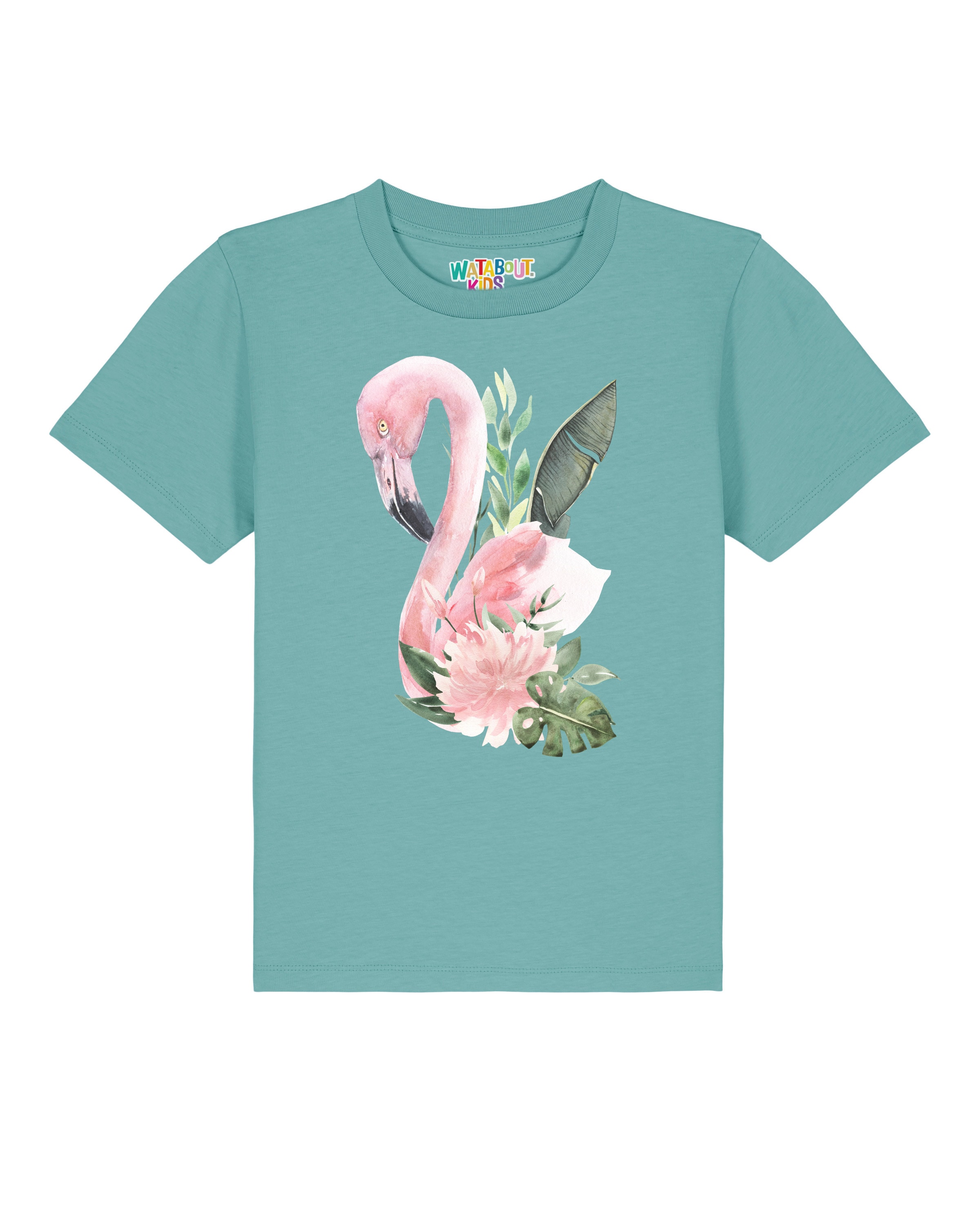T-Shirt 'Flamingo mit Blumen' watabout.kids en vert : devant