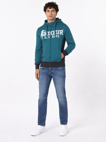 Boxeur des Rues - Sudadera 'Herren Hoodie Fitted Boxeur des Rues mit Reißverschluss und Kapuze, Petrolblau, Weißes Logo, Baumwolle' en azul