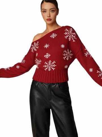 KoJooin Pullover 'Damen Kurzer Pullover mit Snowflake-Muster Süßer Weihnachten Rollkragen Strickpullover Festliche'‌‌‌‌‌‌‌ in Rot