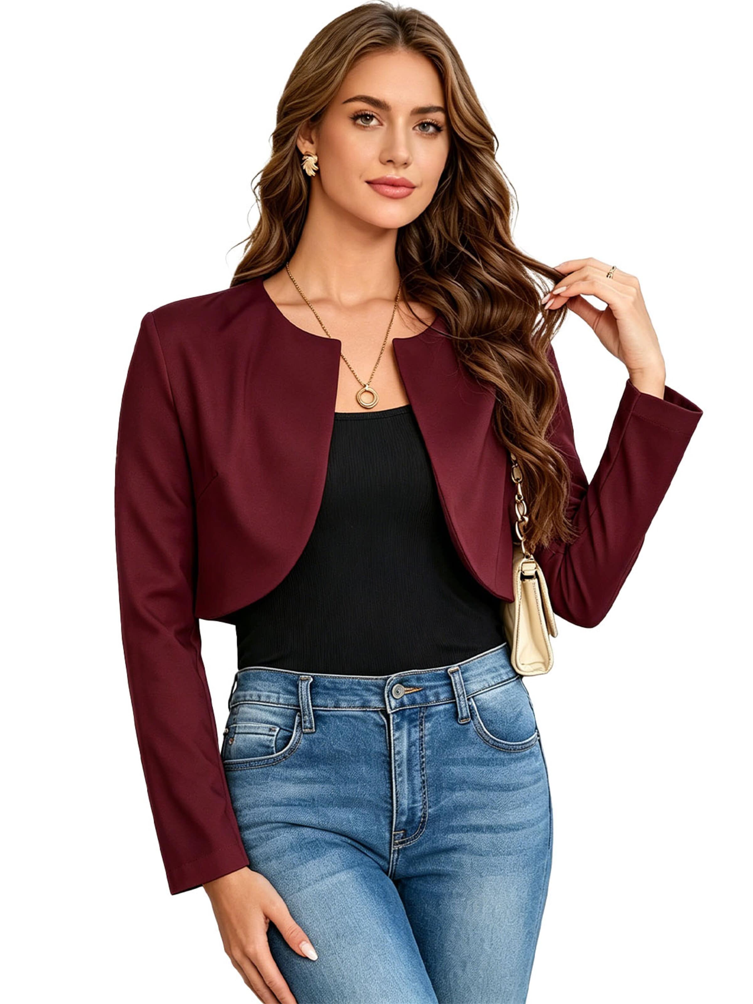 KoJooin Marynarka 'Kurzer, leichter Damen-Cardigan mit Rundhalsausschnitt und langen Ärmeln – eleganter Überwurf' w kolorze czerwony