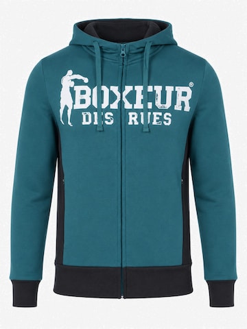 Boxeur des Rues Sweatshirt 'Men's Hoodie Boxeur des Rues Full-Zip Hooded, Petrol Blue, White Logo, Cotton' in Blue: front