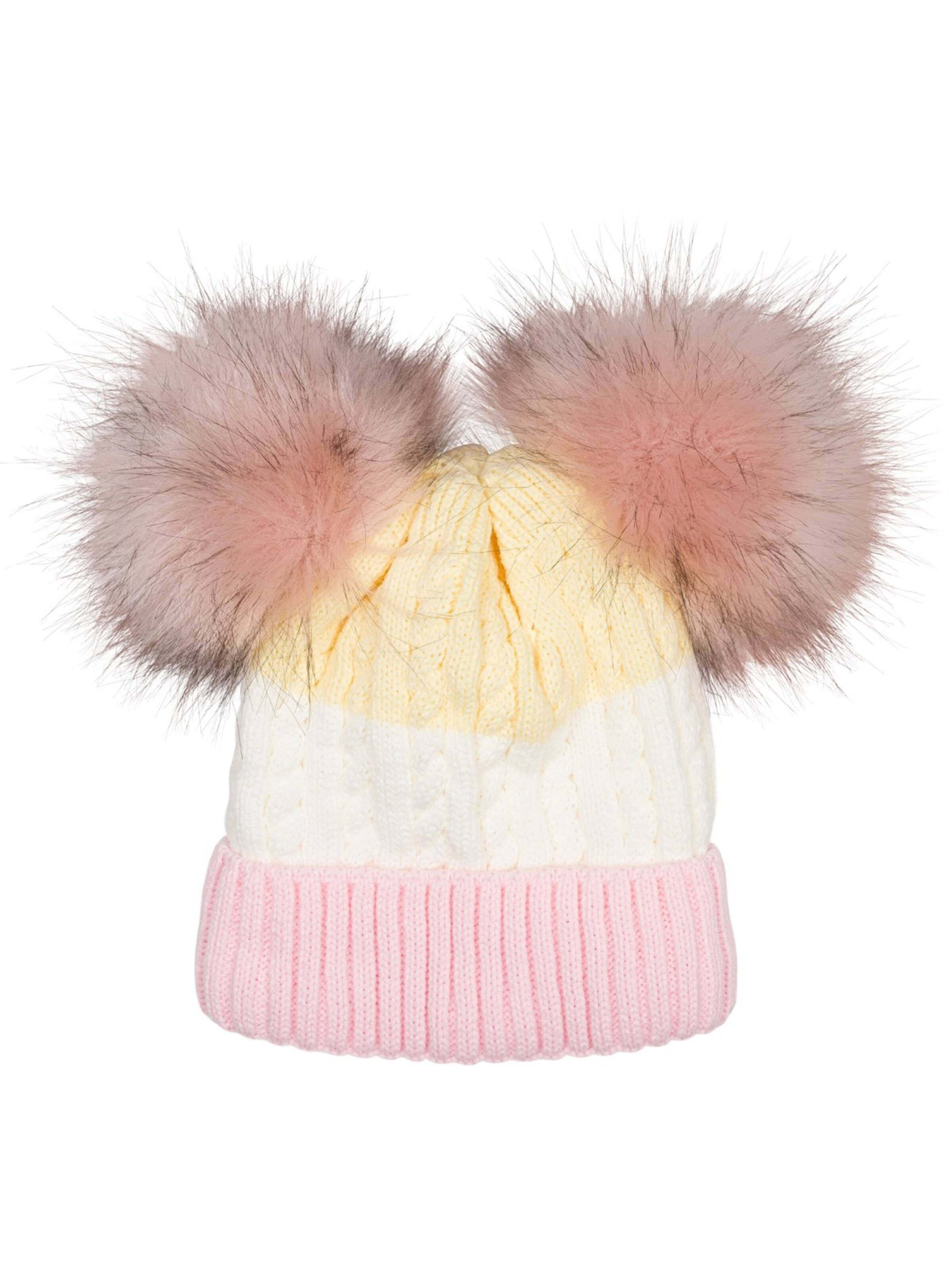 styleBREAKER Mütze 'Gestreifte Kinder Bommelmütze mit zwei Bommel'‌‌‌‌ in Pink