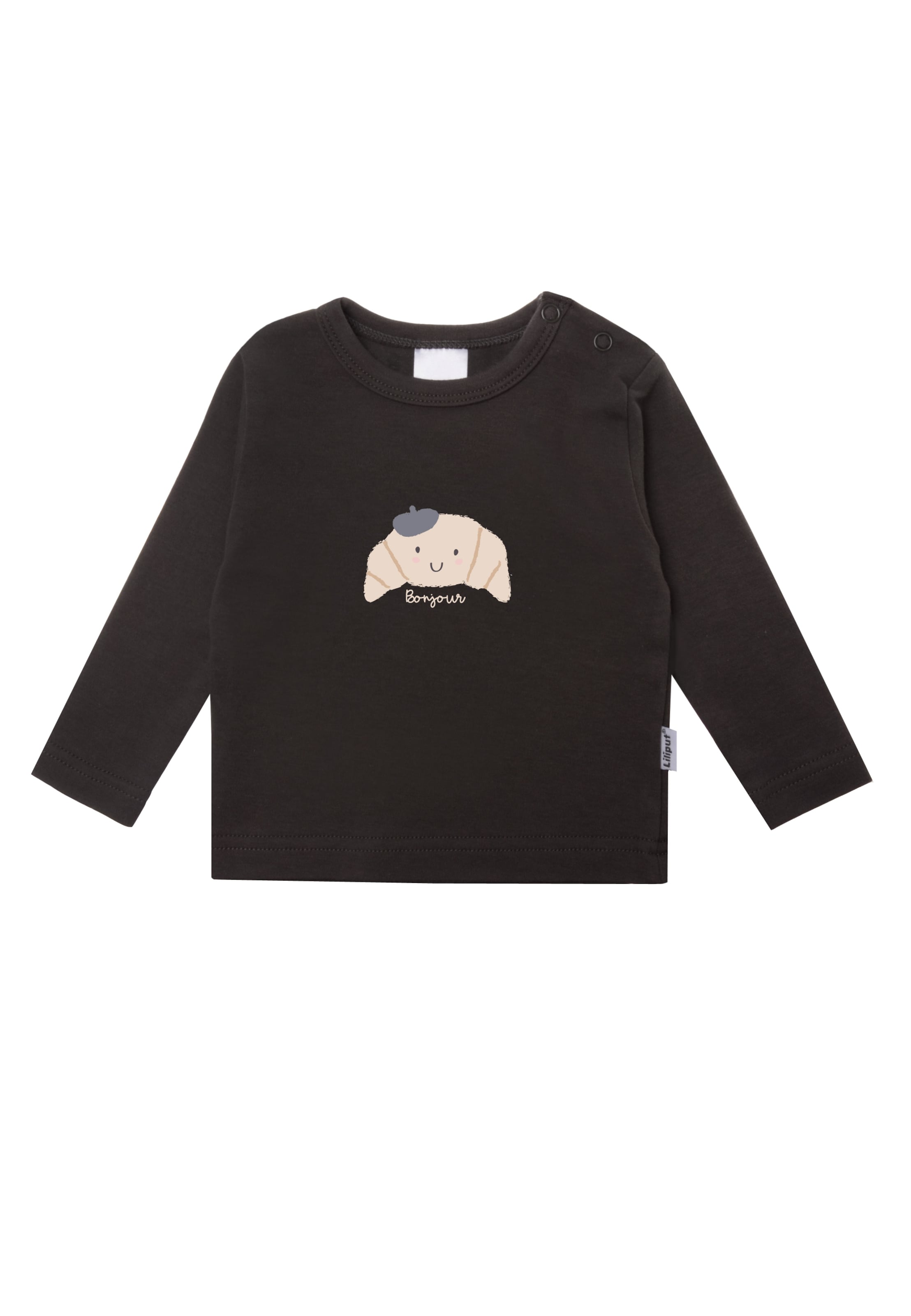 LILIPUT Langarmshirt 'Croissant Bonjour' in Schwarz: Vorderseite
