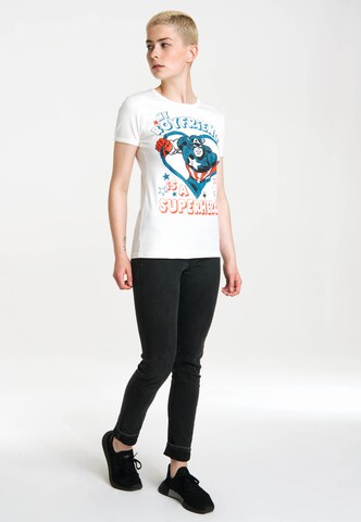 LOGOSHIRT Shirt 'Marvel - My Boyfriend Is A Superhero' in White
