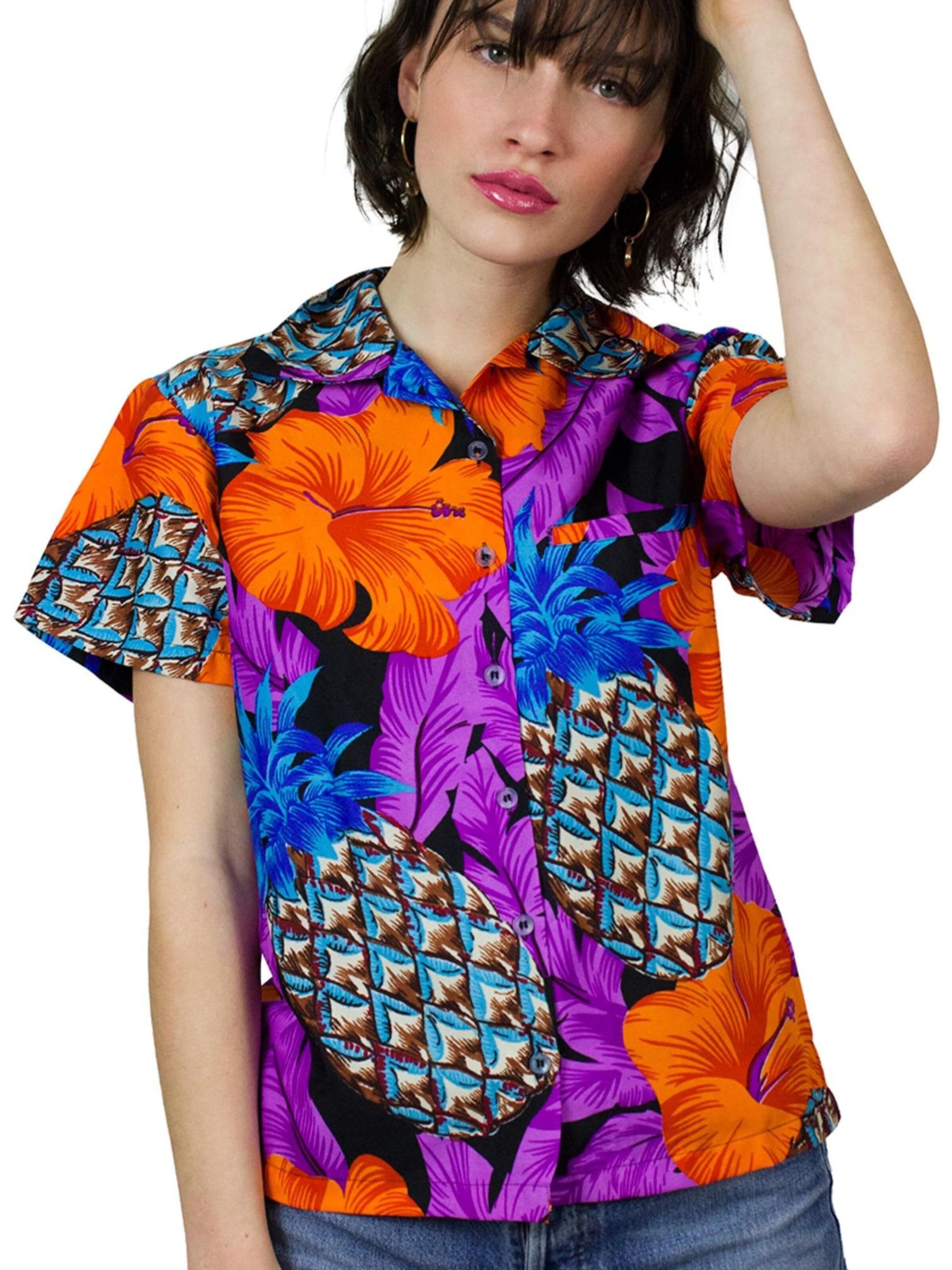 Camicia da donna 'Pineapple Hibiscus Black Line' di King Kameha in lilla: frontale