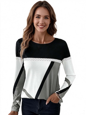 KoJooin Top 'Damen Langarmshirt mit Rundhals, Kontrasteinsätzen und geometrischem Print' w kolorze szary: przód