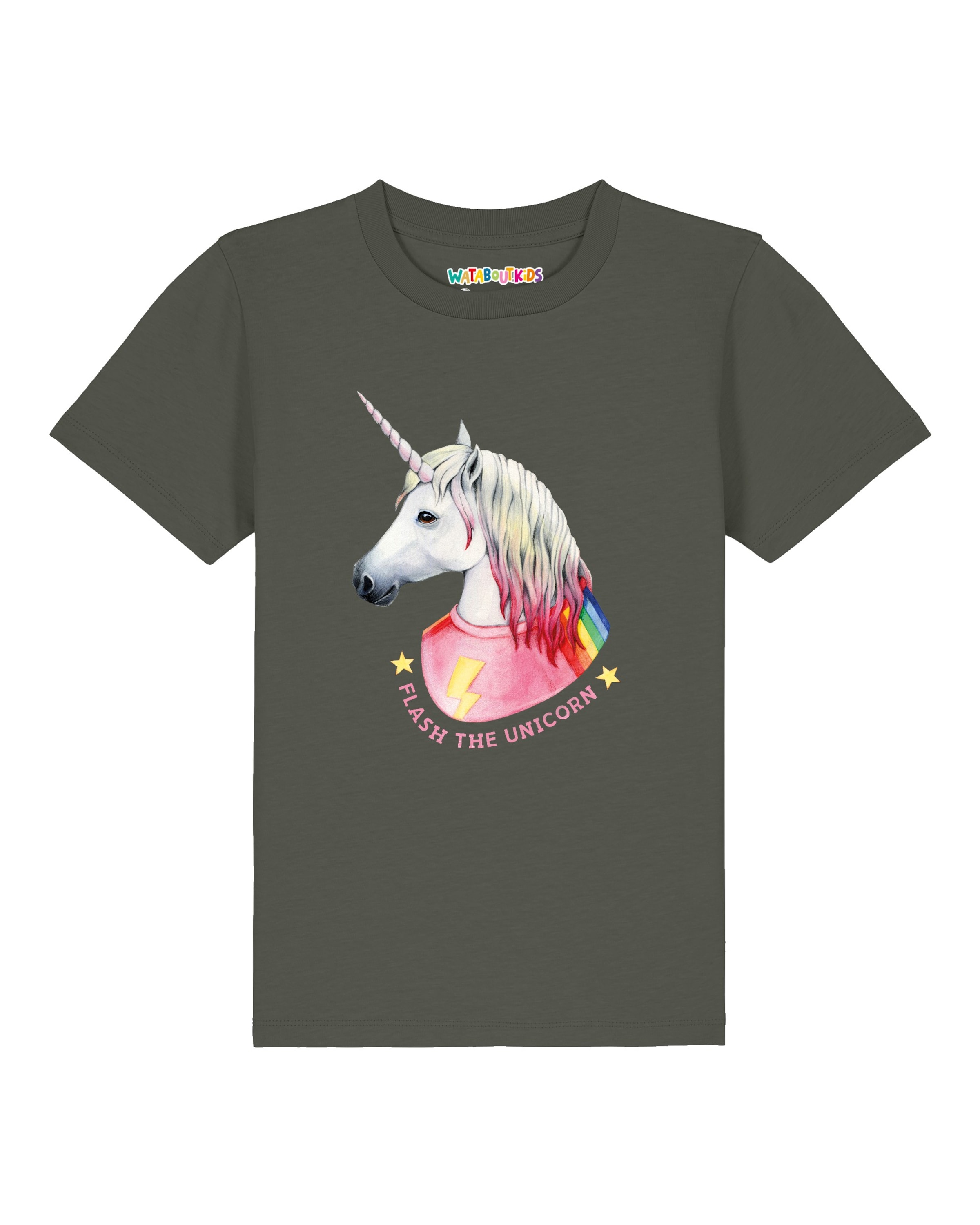 Maglietta 'Flash the unicorn' di watabout.kids in verde: frontale