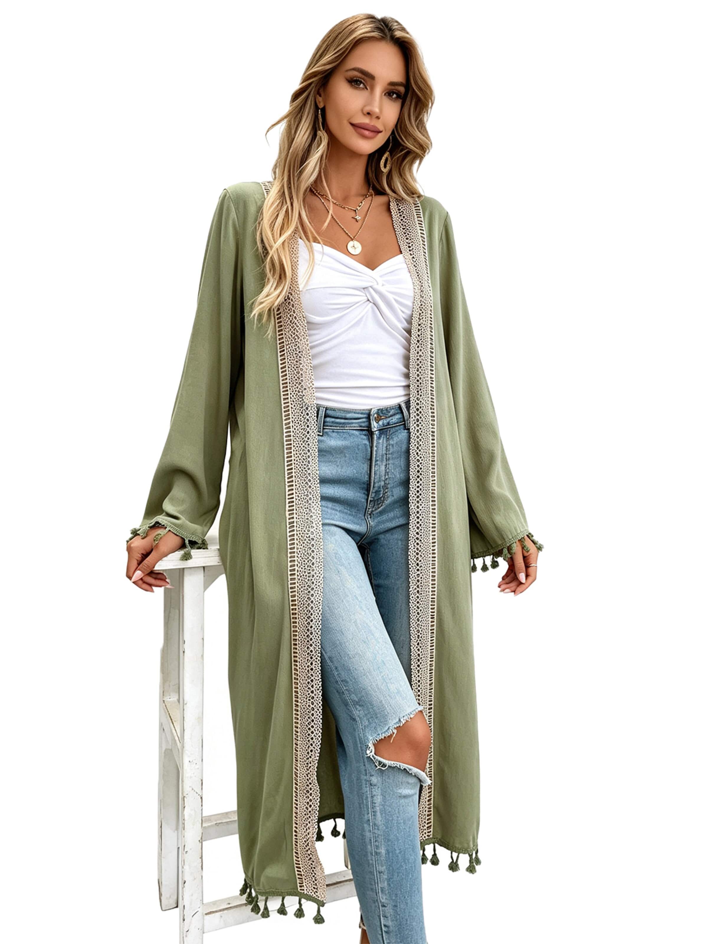 KoJooin Kardigan oversize 'Damen Langarm Cardigan in Unifarben mit Fransen Spitzenbesatz Langer,Lässiger Oversize Strickmantel' w kolorze zielony