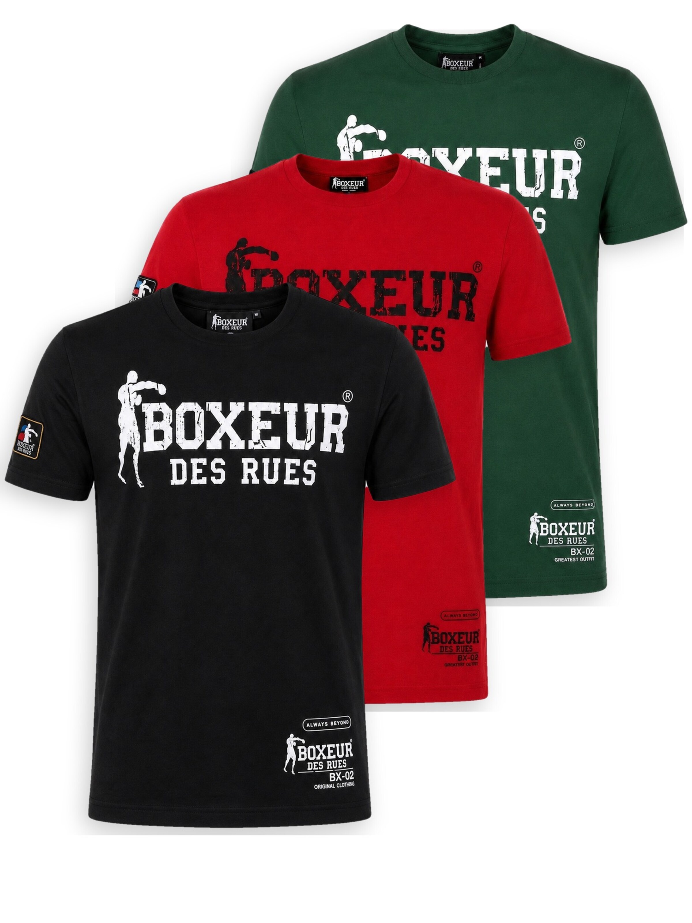 Boxeur des Rues Shirt 'Herren T-Shirt 3er-Pack Boxeur des Rues Slim Fit: Schwarz, Weißes Logo + Rot, Schwarzes Logo + Dunkelgrün, Weißes Logo'‌‌‌ in M/Regular in mischfarben, Produktansicht