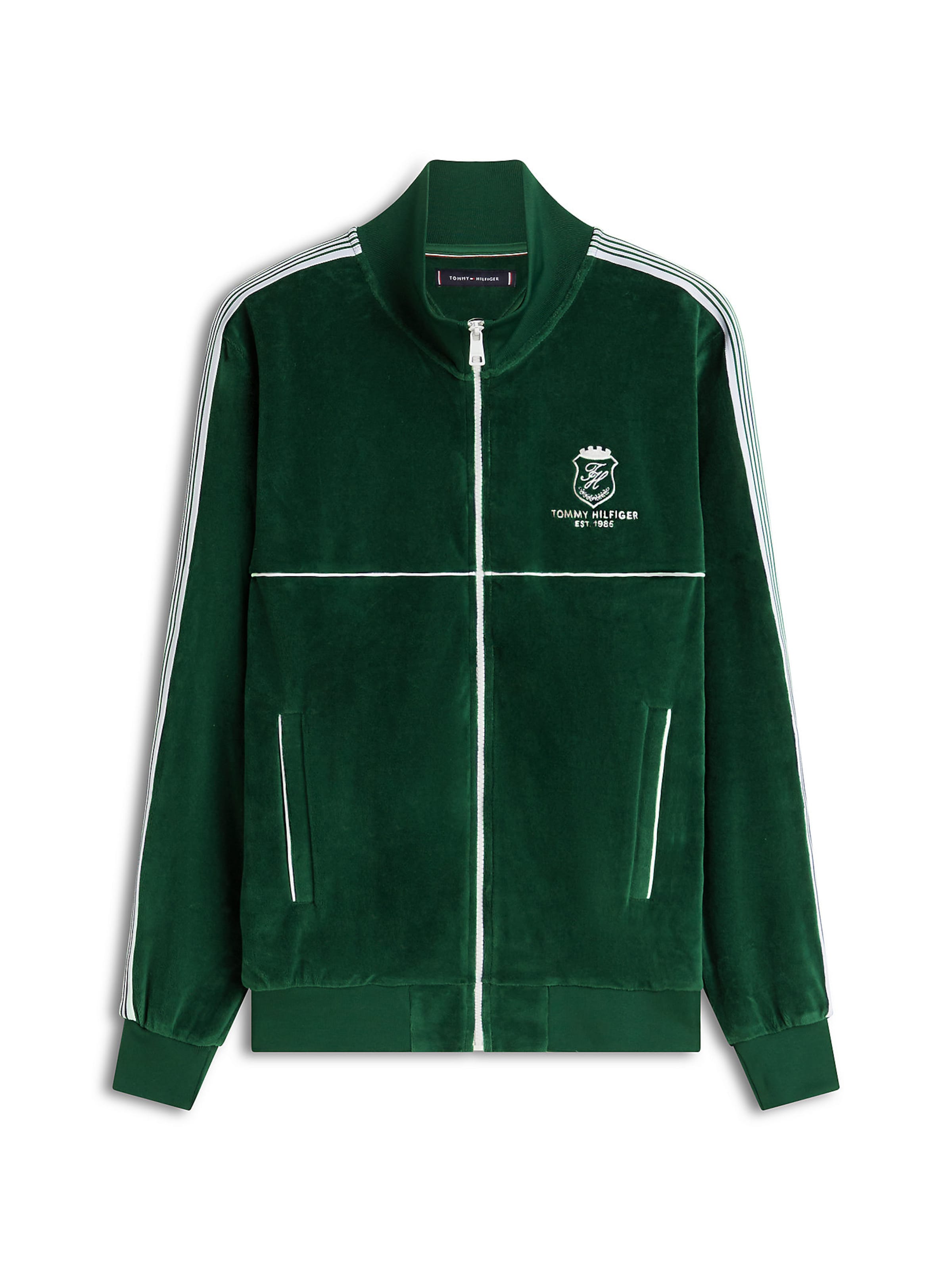 TOMMY HILFIGER Sweatjacke in dunkelgrün / weiß, Produktansicht