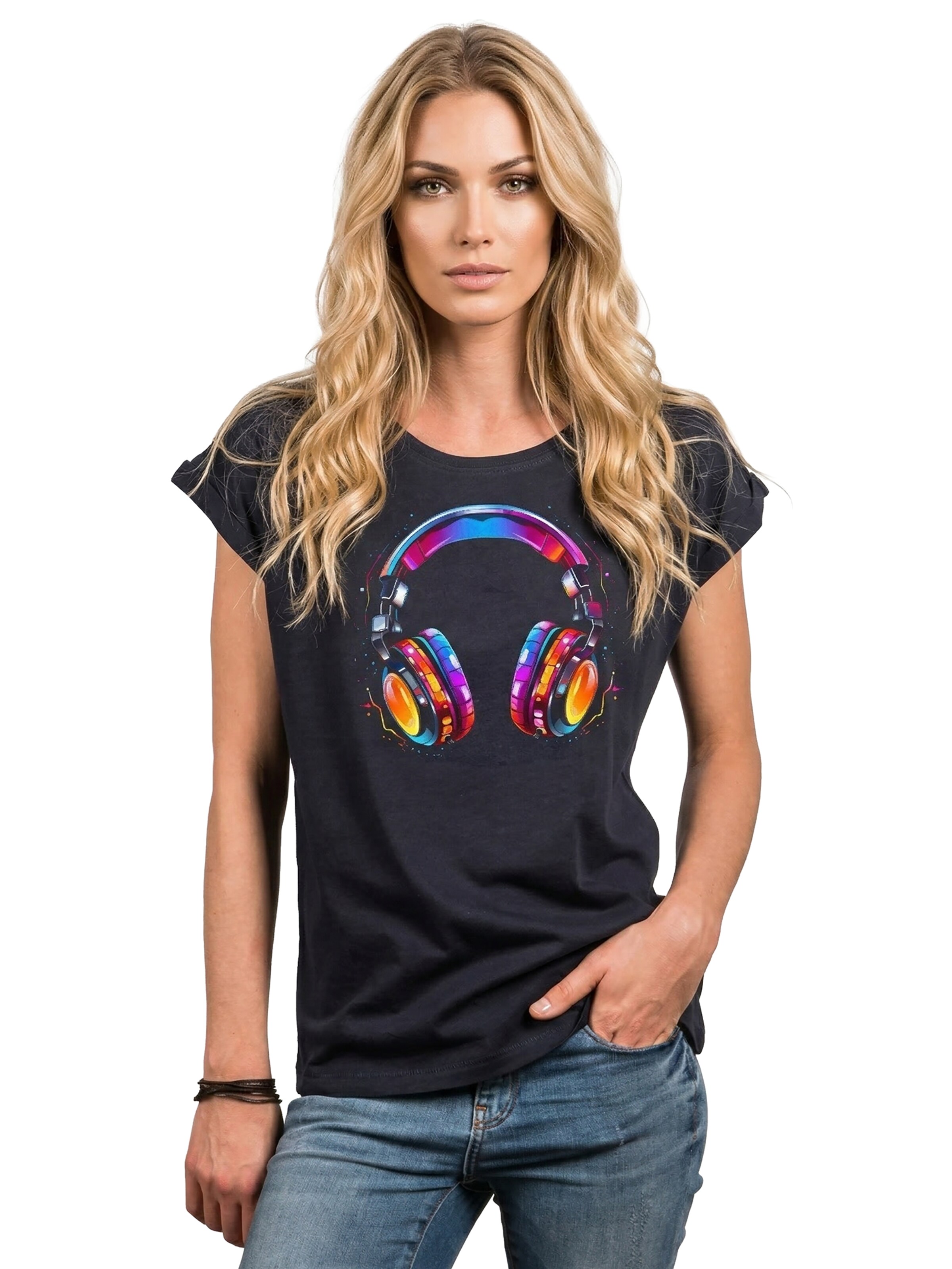 MAKAYA Shirt 'Kopfhörer Bunt' in Blue: front
