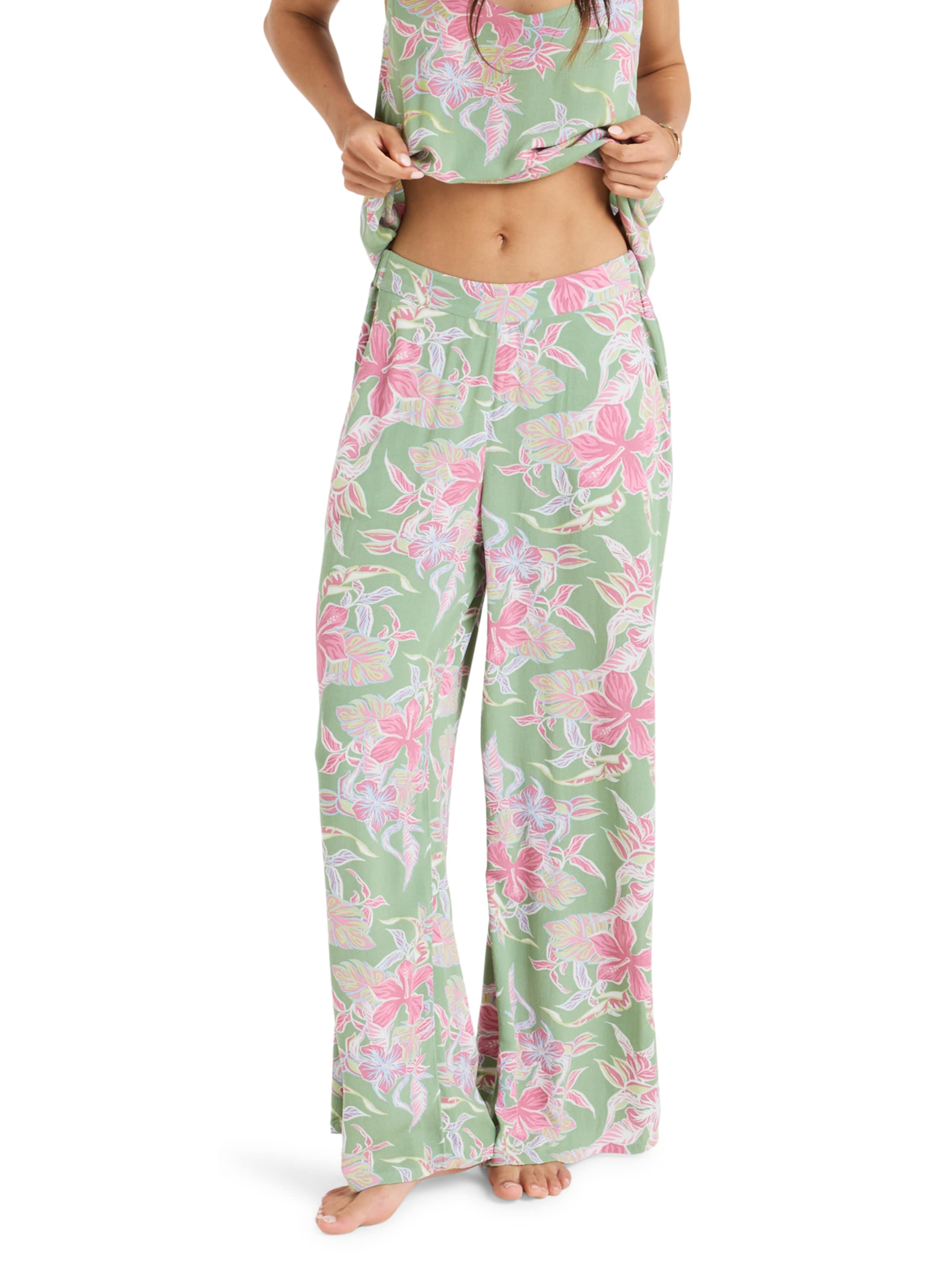 ROXY Wide Leg Hose 'Hibiscus Island' in Grün: Vorderseite