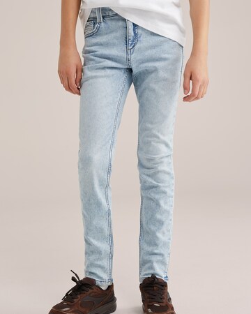 WE Fashion Slimfit Džíny – modrá: přední strana