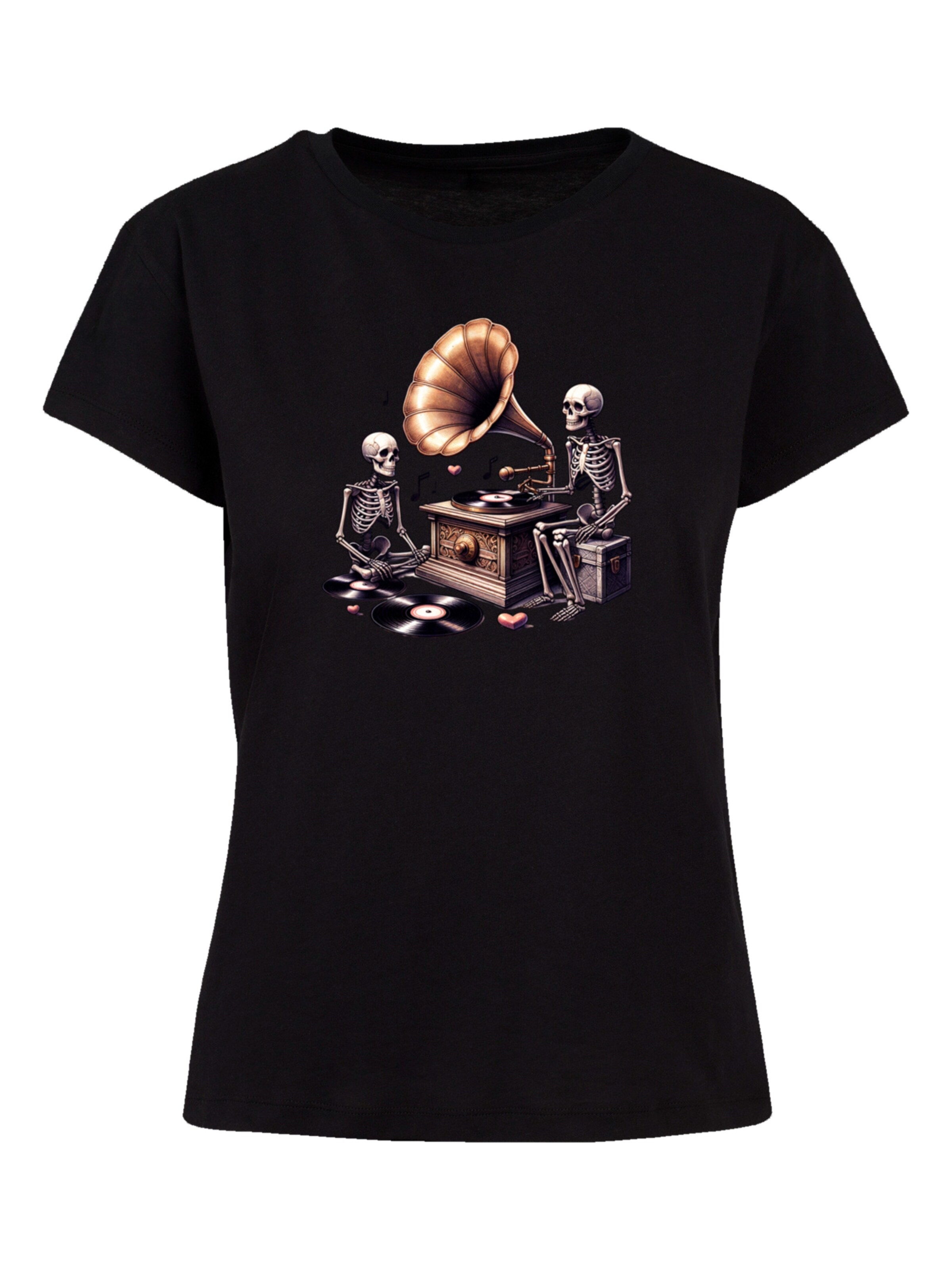 F4NT4STIC Shirt 'Gothic Skeleton Vintage Vinyl Plattenspieler' in Black: front