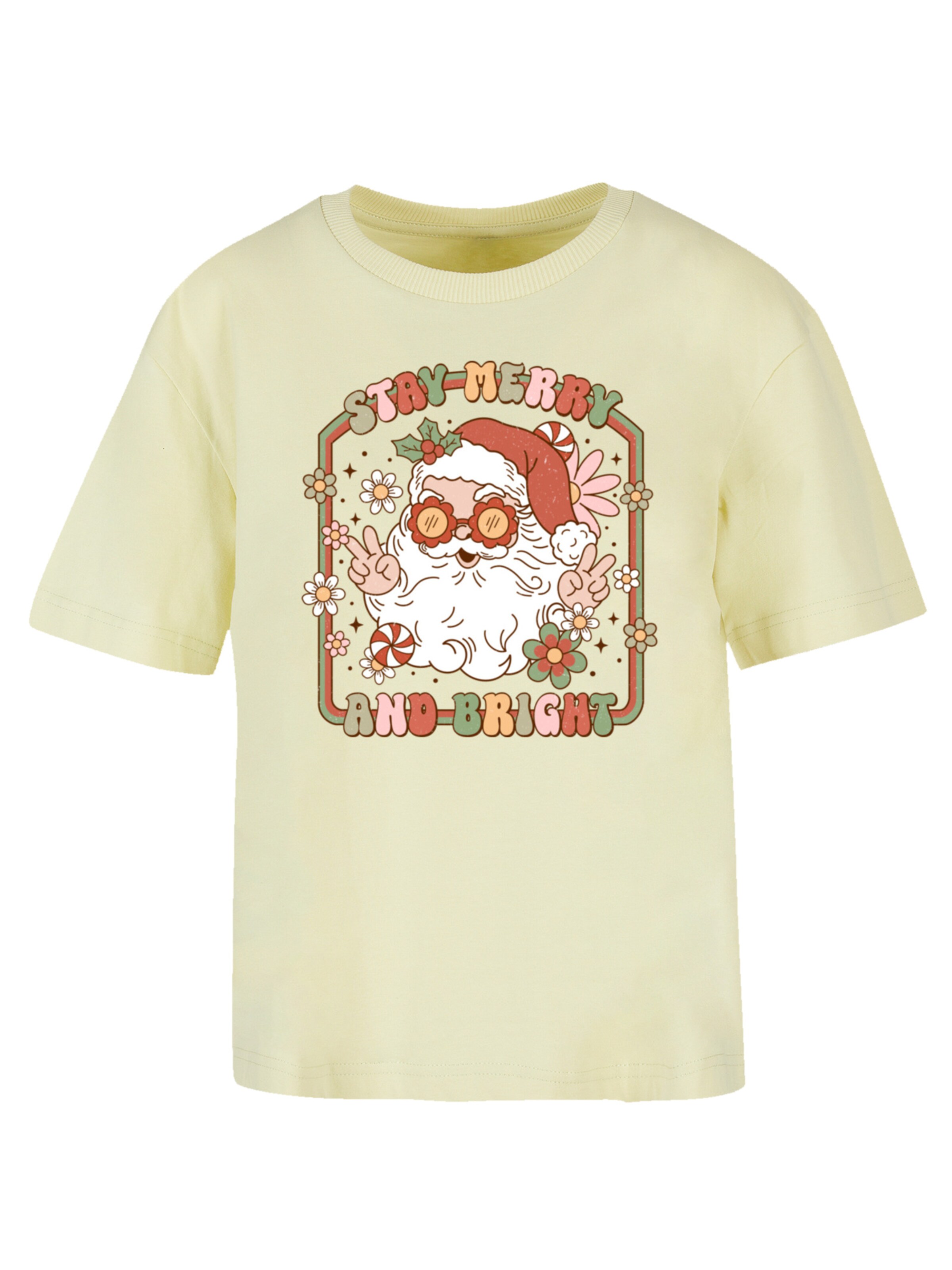 F4NT4STIC Shirt 'Stay Merry And Bright Hippie Santa' in Geel: voorkant