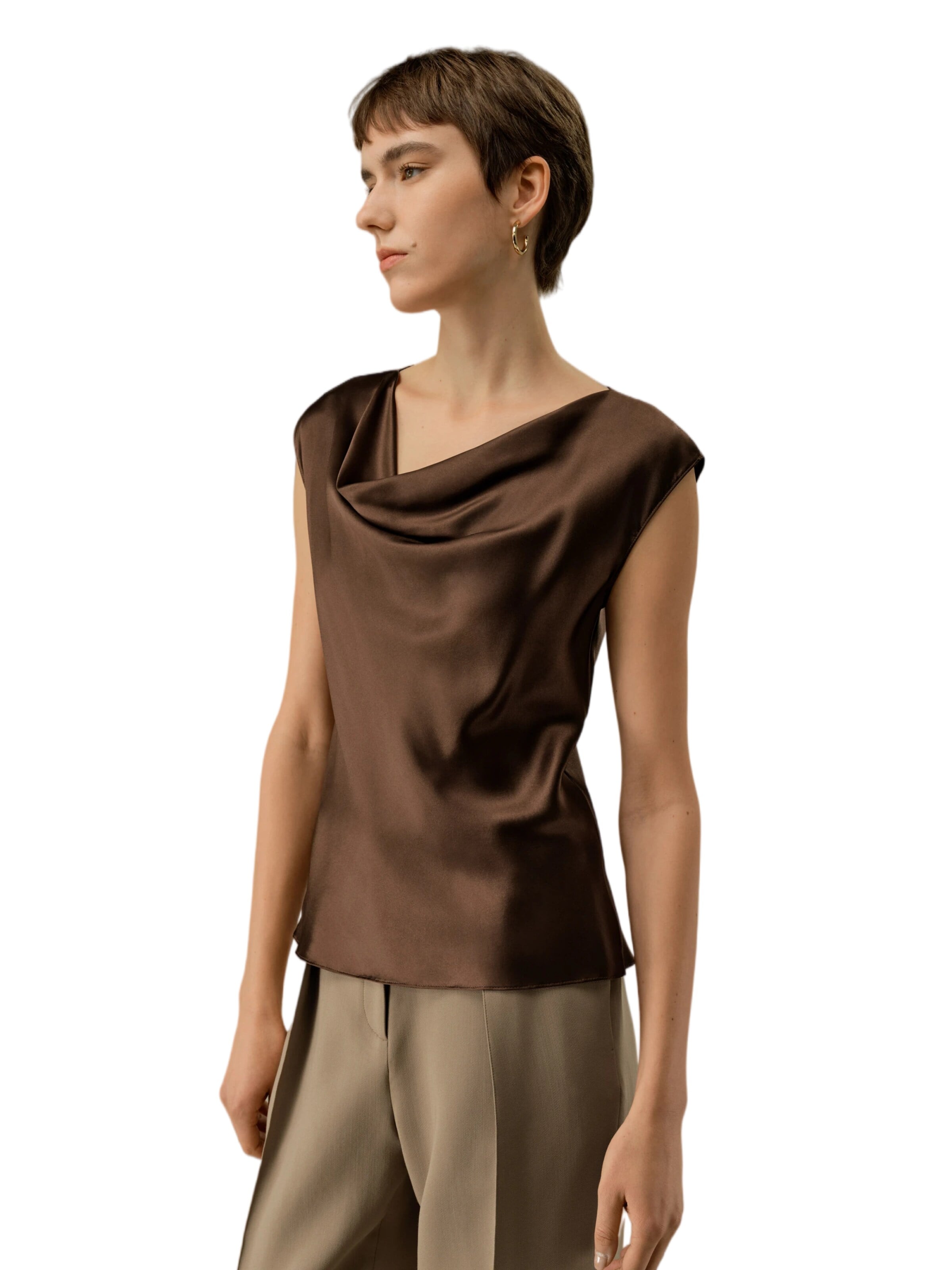 Lilysilk Blouse 'Ärmelloses Top mit Wasserfallkragen' in Bruin