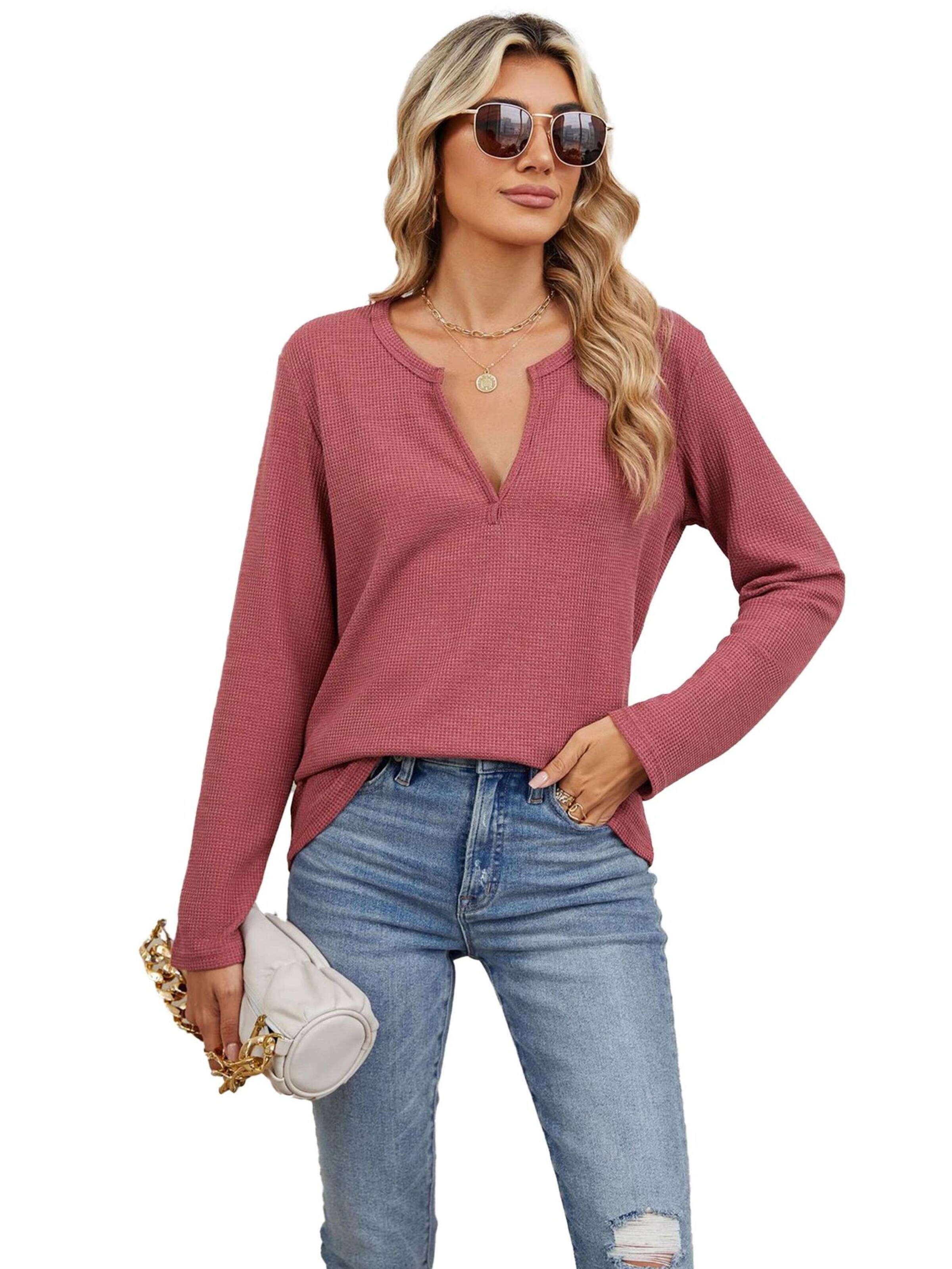 KoJooin Bluse 'Damen Lockeres V-Ausschnitt T-Shirt, langärmlig, unifarben Bequemes Basic für Freizeit,Alltag'‌‌‌‌‌‌‌‌‌‌ in Rot