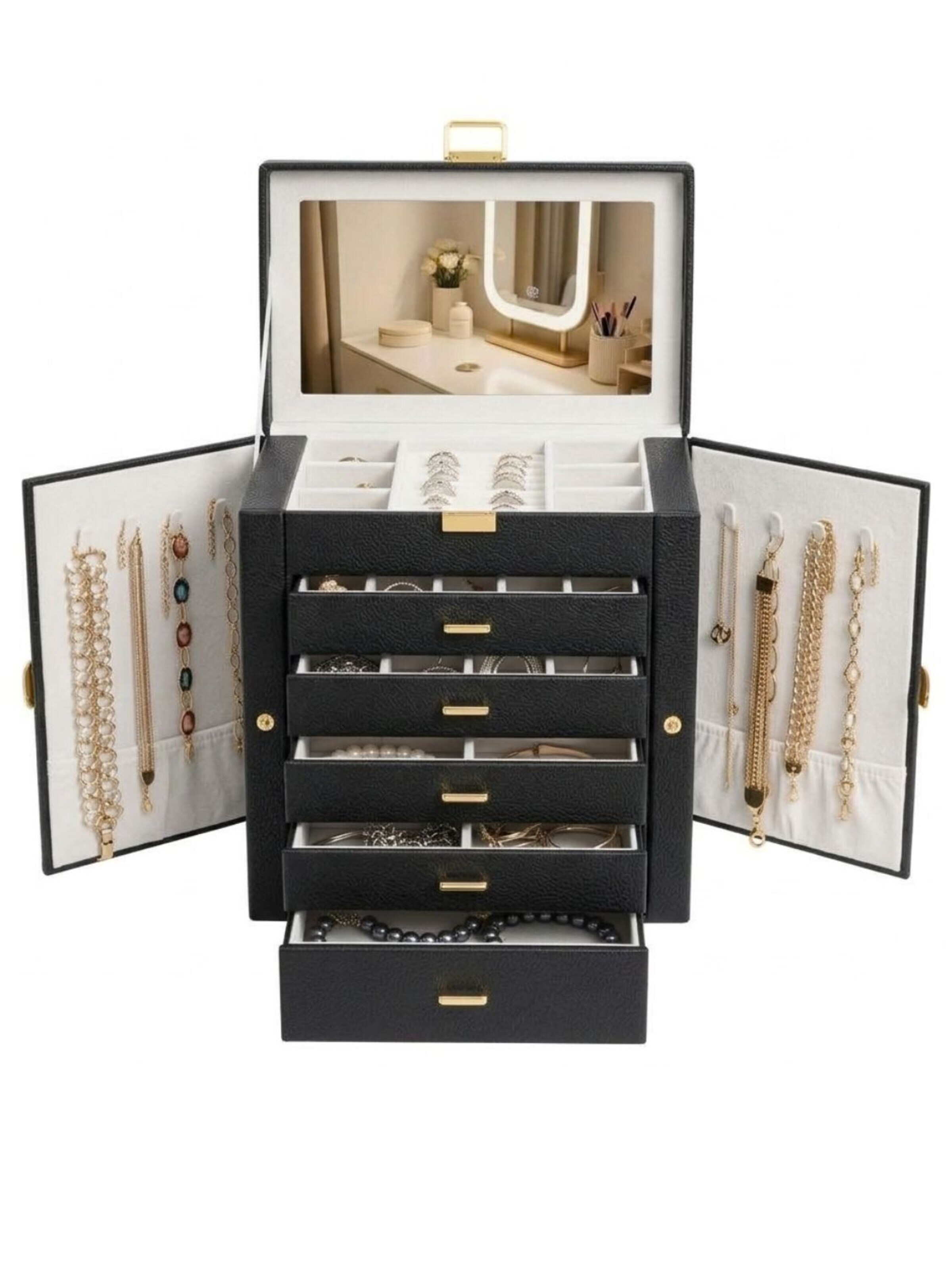 MEVYRA Jewelry Storage 'MEVYRA Großer Schmuckkasten 27x28x17cm mit Spiegel & Schubladen' in Black: front