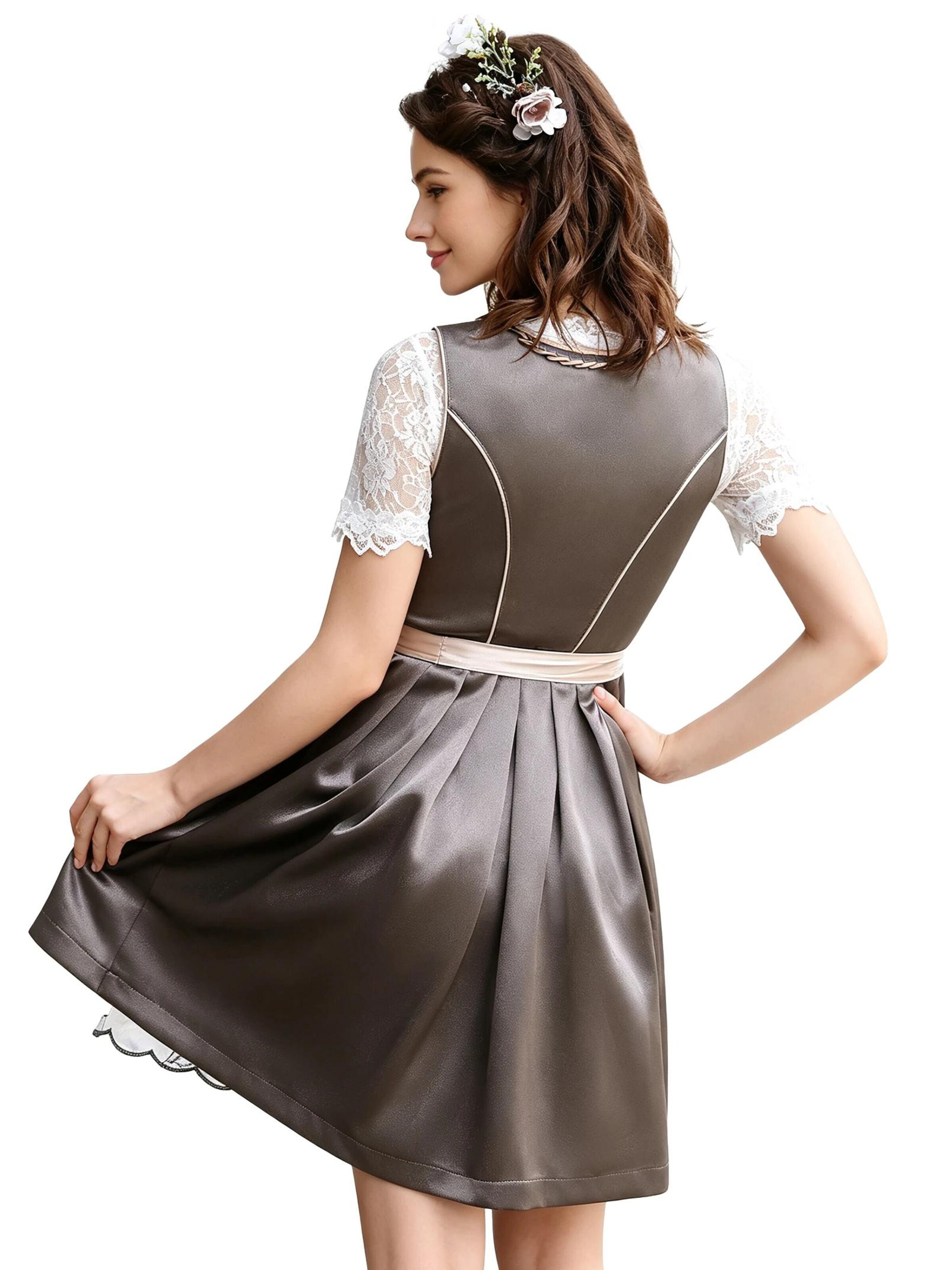 KoJooin Dirndl 'Damen Dirndl 3-Teiler Satinrock Glanzeffekt,Spitzenbluse Spitzenschürze für Oktoberfest,Karneval' w kolorze szary