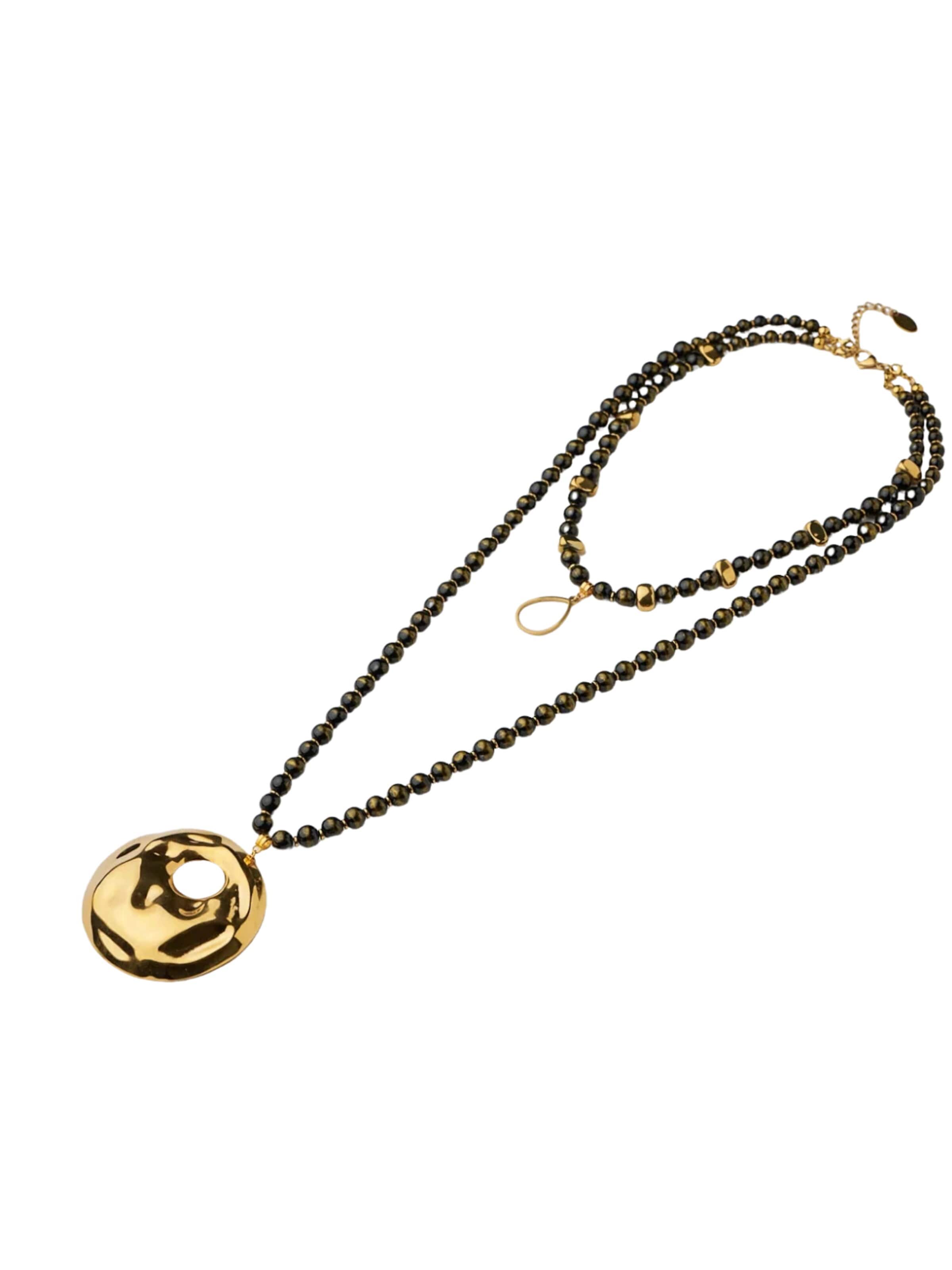 THE GEM STORIES JEWELRY Halsband 'Golden Disc Black Beaded Necklace' i svart: framsida