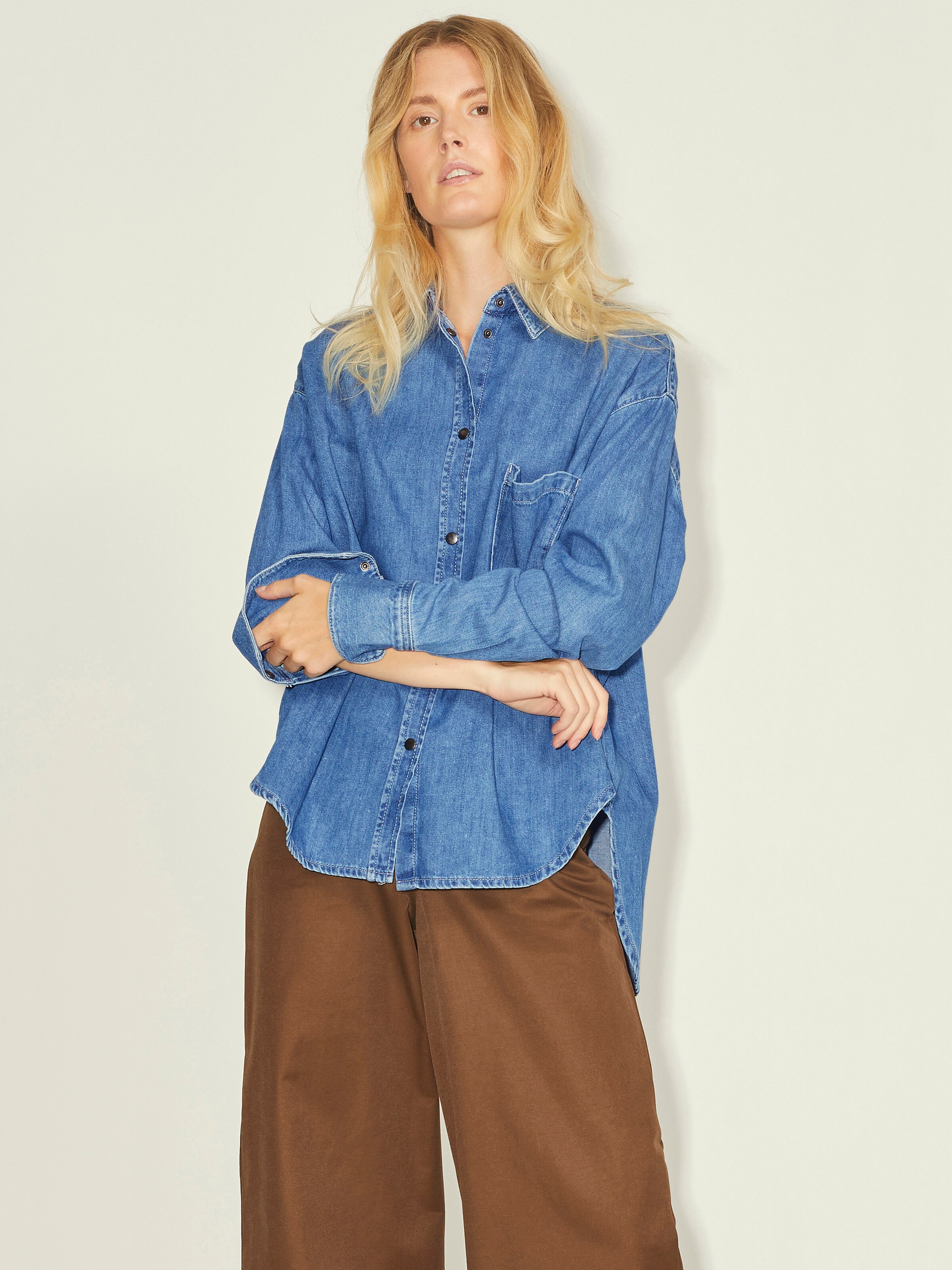 Jeanshemd Damen Übergröße - Western Style Langarm Mit Knopfleiste