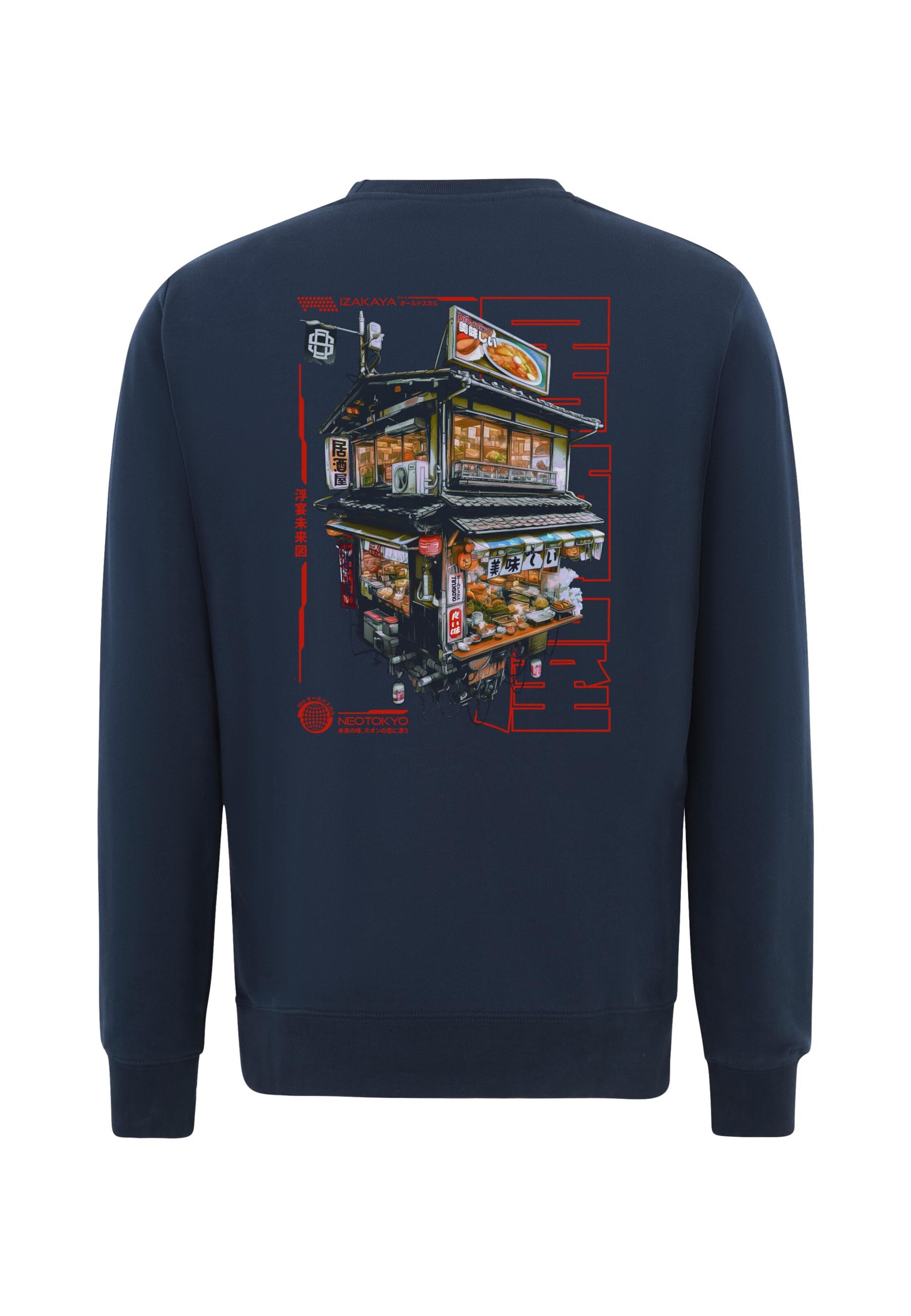 Oldskull Sweatshirt 'Asian Neo Tokyo Floating Izakaya Graphic' in Blau: Vorderseite