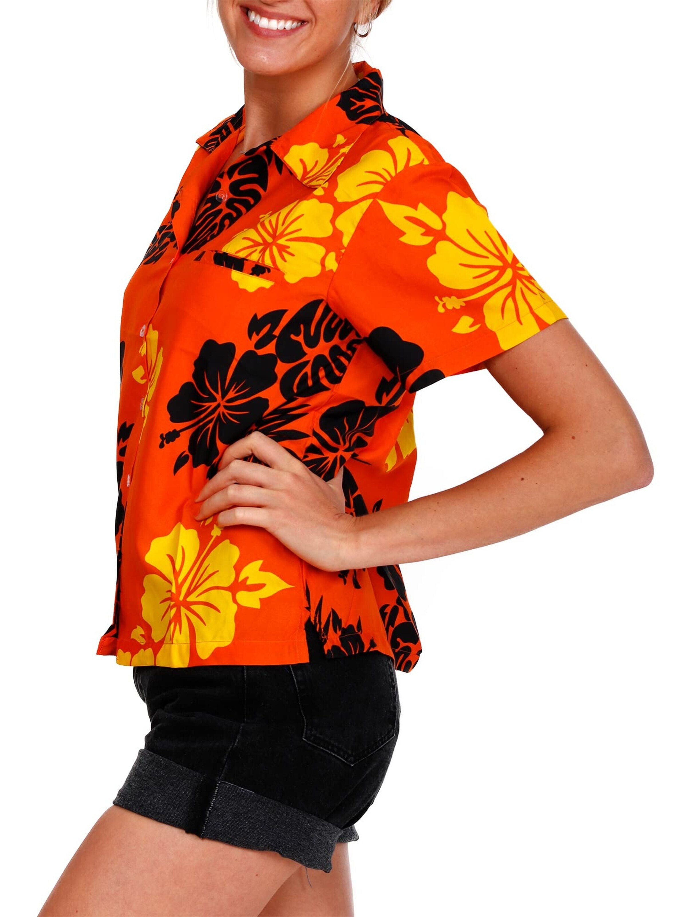 Camicia da donna 'Mono Hibiscus' di King Kameha in arancione