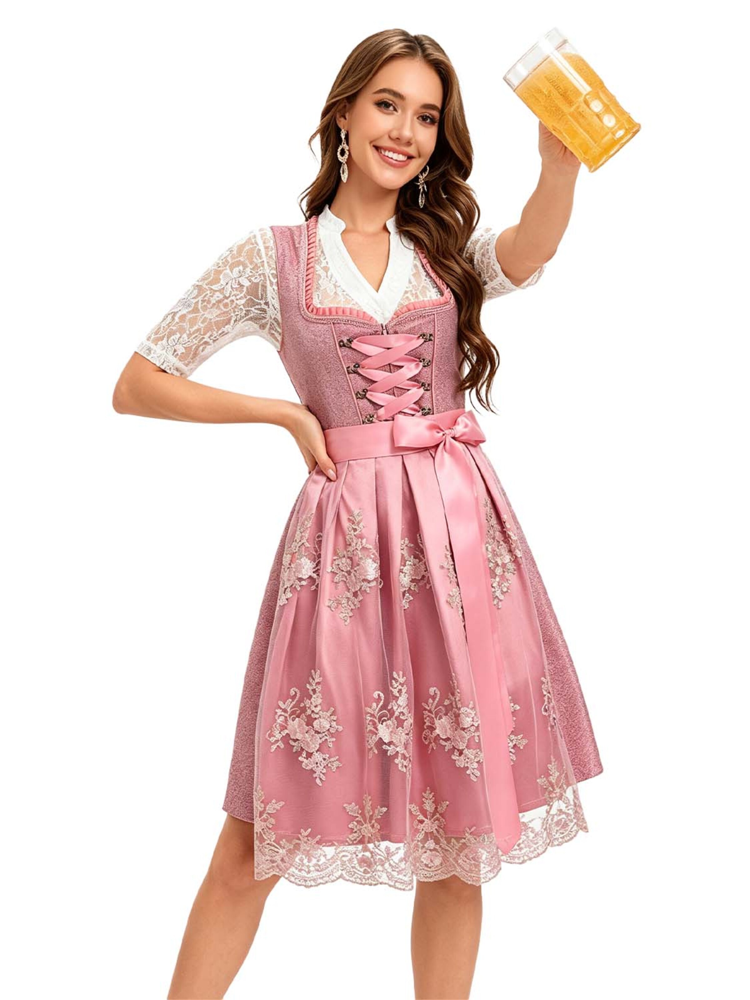 KoJooin Dirndl '3-teiliges Damen Bierfest Oktoberfest Satin-Schürze mit Bindebändern Spitzenbluse mit V Lochmuster' in Pink