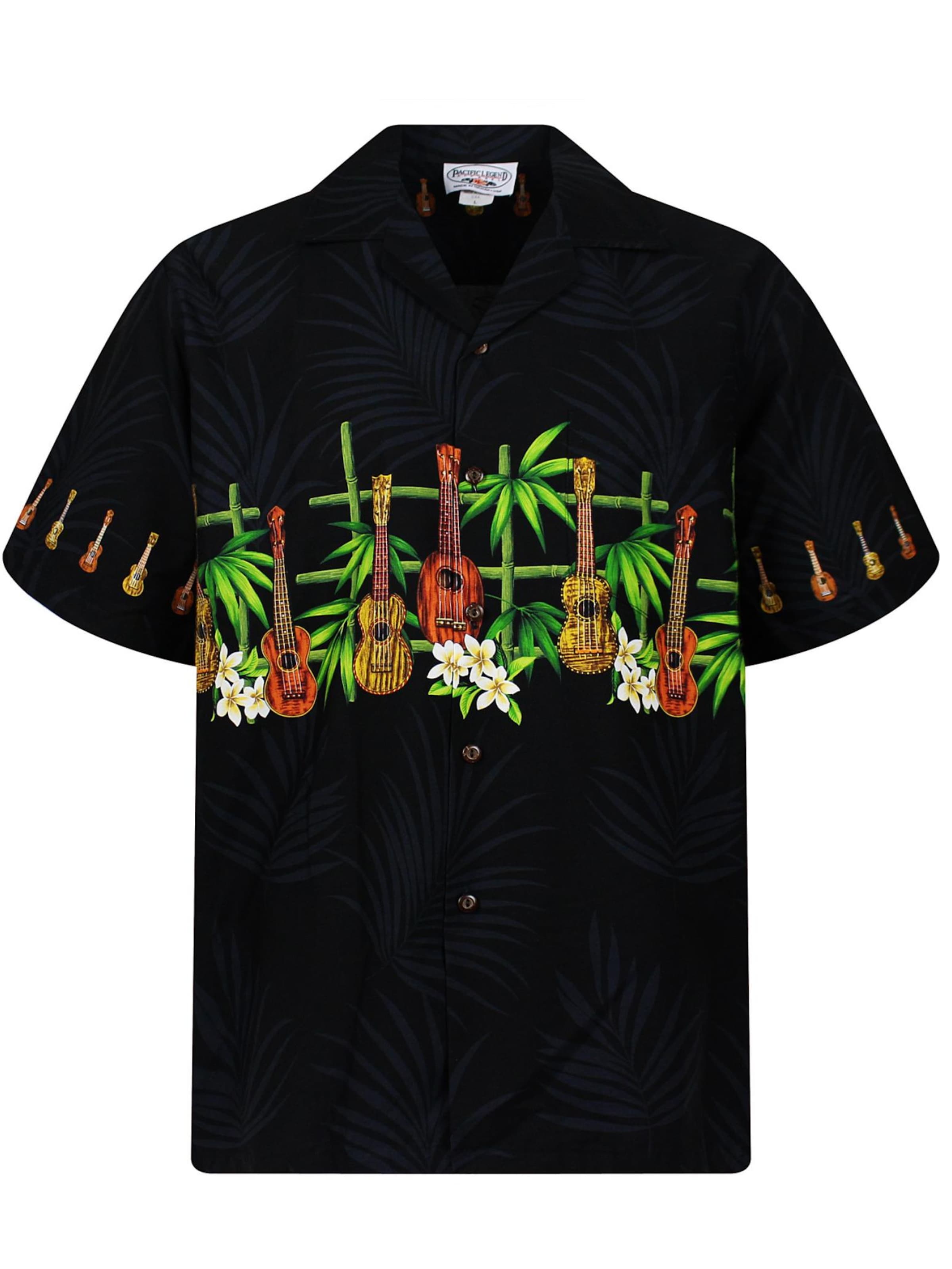 Pacific Legend Button Up Shirt 'Gitarre Bambus Brustdruck' in Black, Item view