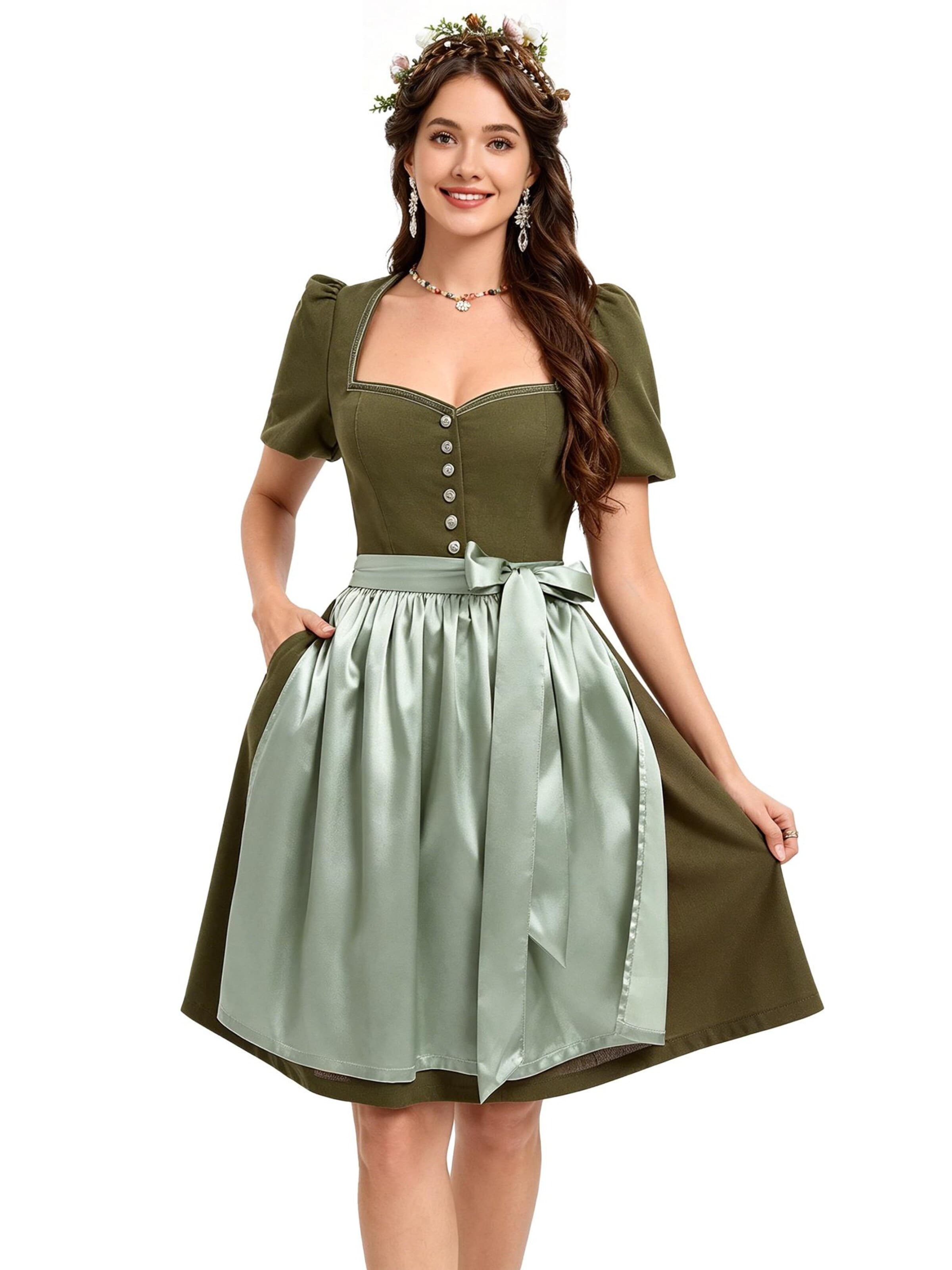KoJooin Dirndl 'Damen 2-Teiliges Dirndl-Stil Set Mit Puffärmeln, Knopfleiste Und Schürze' w kolorze zielony