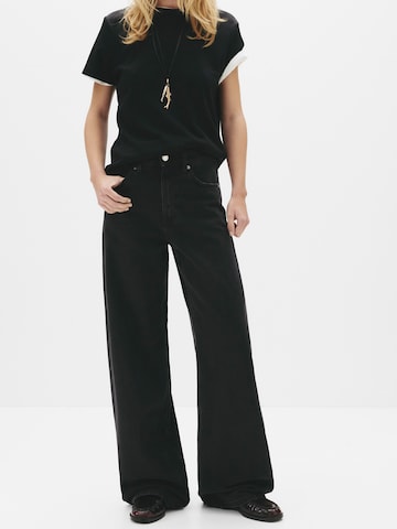 Pull&Bear Wide leg Jeans in Zwart: voorkant