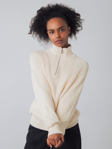 Honest Basics - Jersey 'Half-Zip Knit' en beige: frente