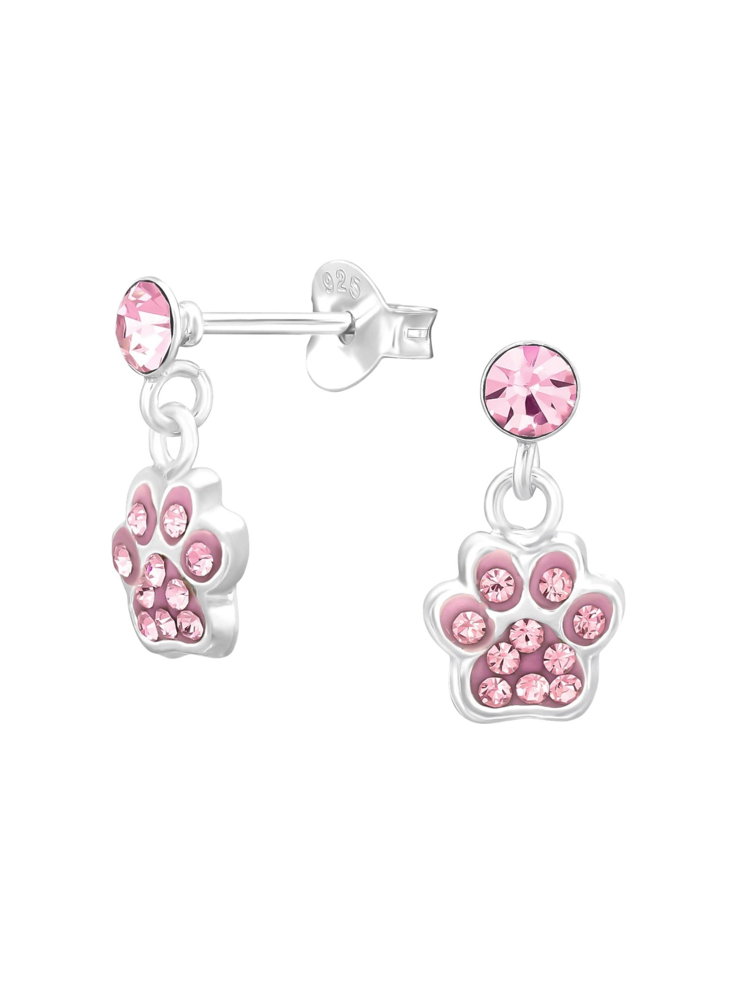 Bijou 'Kinder Silber Ohrstecker mit Baumelnder Pfote und Kristall' Maxte en rose : devant