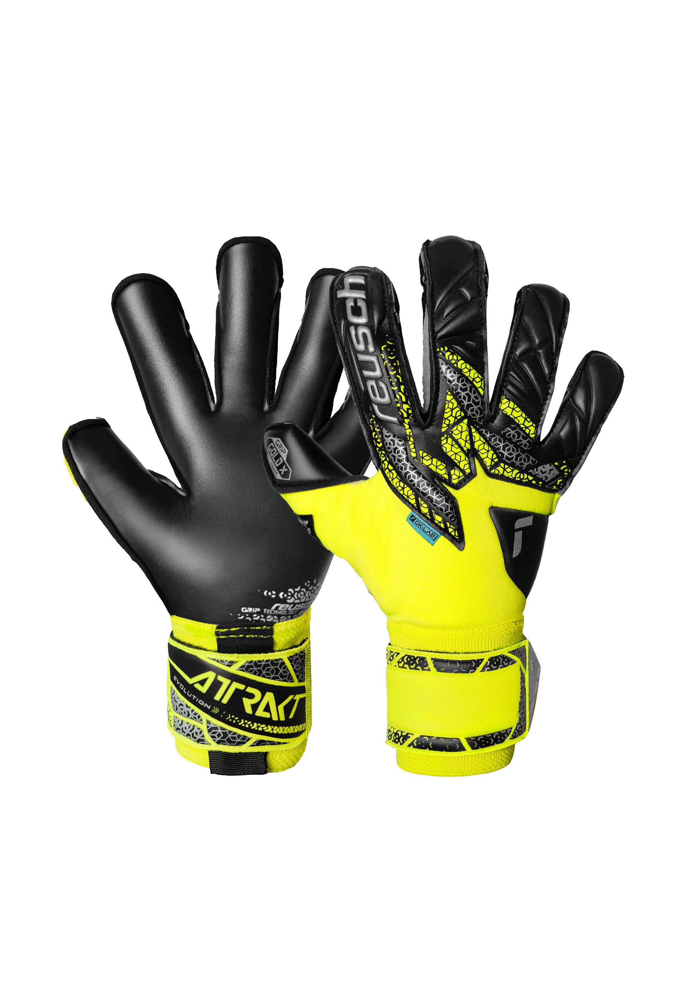 REUSCH Sporthandschoenen 'Attrakt Gold X Evolution' in de kleur Geel / Zwart / Zilver, Productweergave