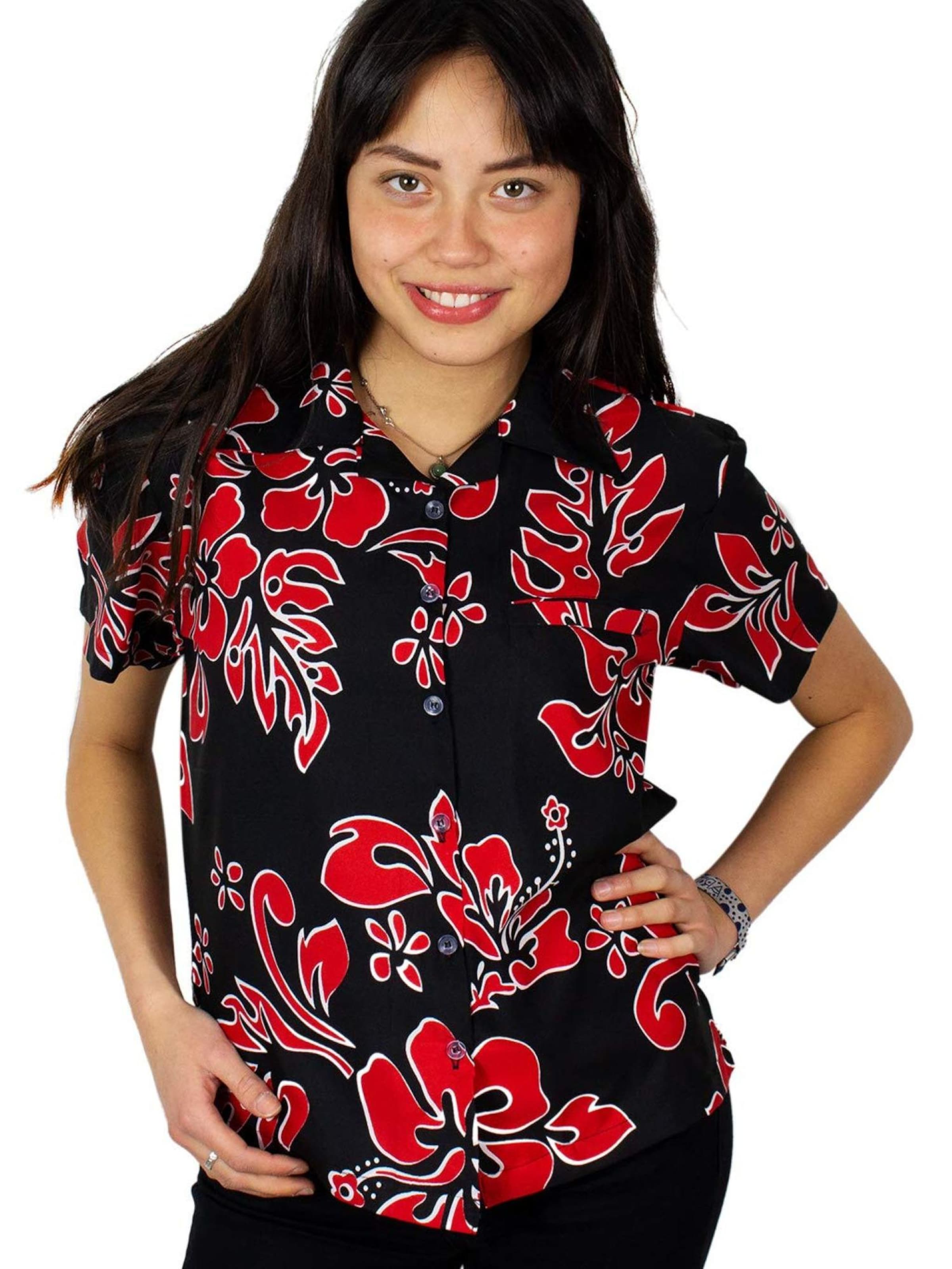 King Kameha Blouse 'Hibiscus Black Line' in Red: front