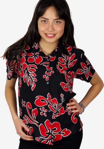 Camicia da donna 'Hibiscus Black Line' di King Kameha in rosso: frontale