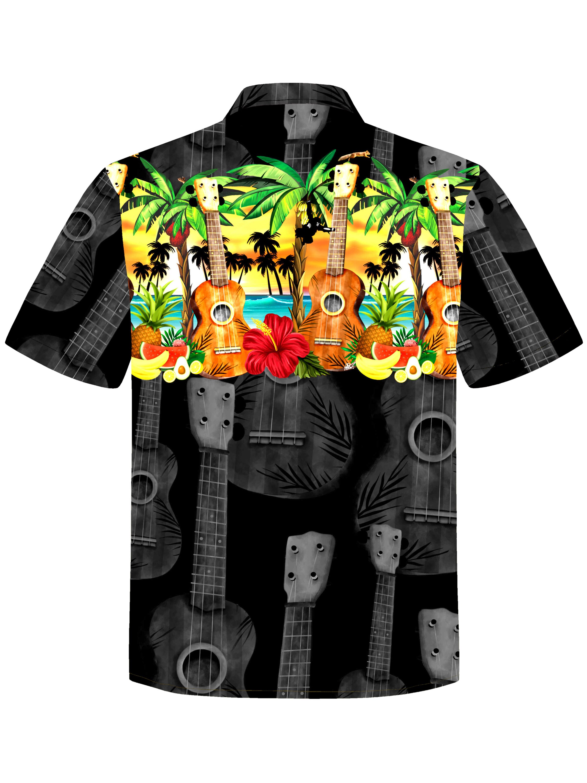 Hawaiihemdshop.de Regular fit Button Up Shirt 'Hawaiihemd Hawaiian Ukulele' in Black