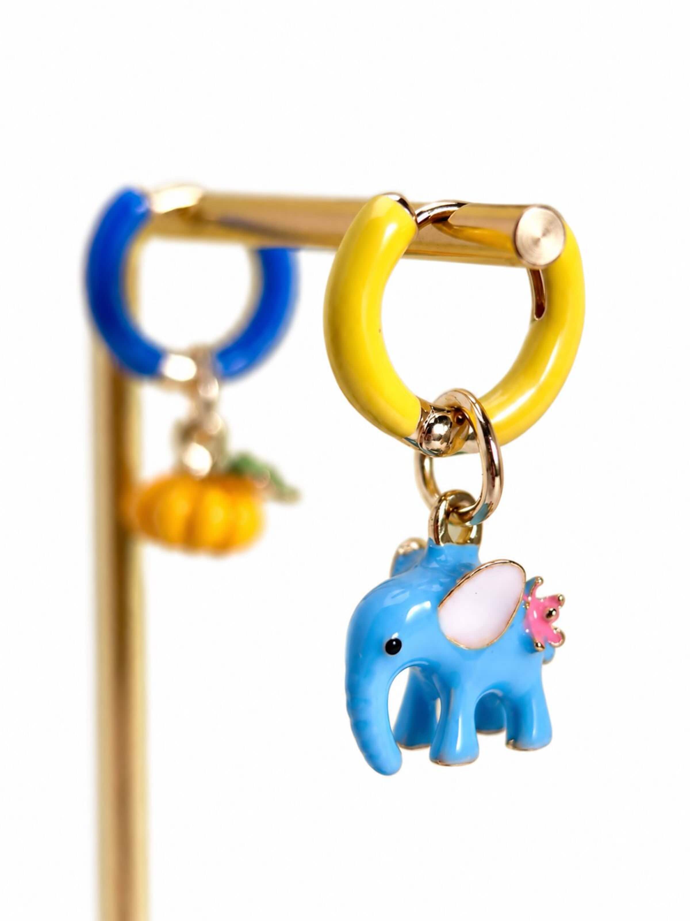 LanLivia - Brincos 'Enchanted Elephant & Pumpkin Enamel Hoop Earrings' em azul