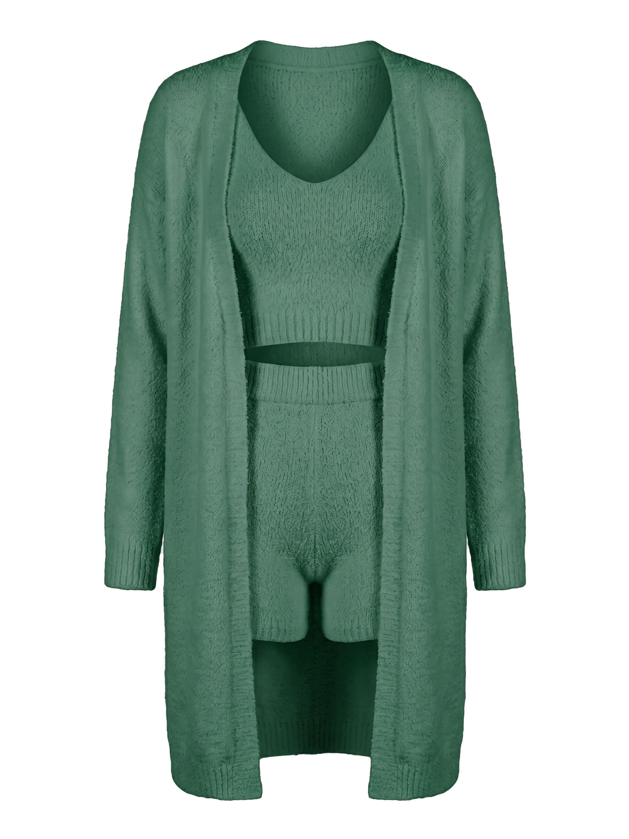 zytzrzy Loungewear 'Cozy Plush Knit 3‑Piece Lounge Set Cami Top Shorts Open Cardigan' in Green: front