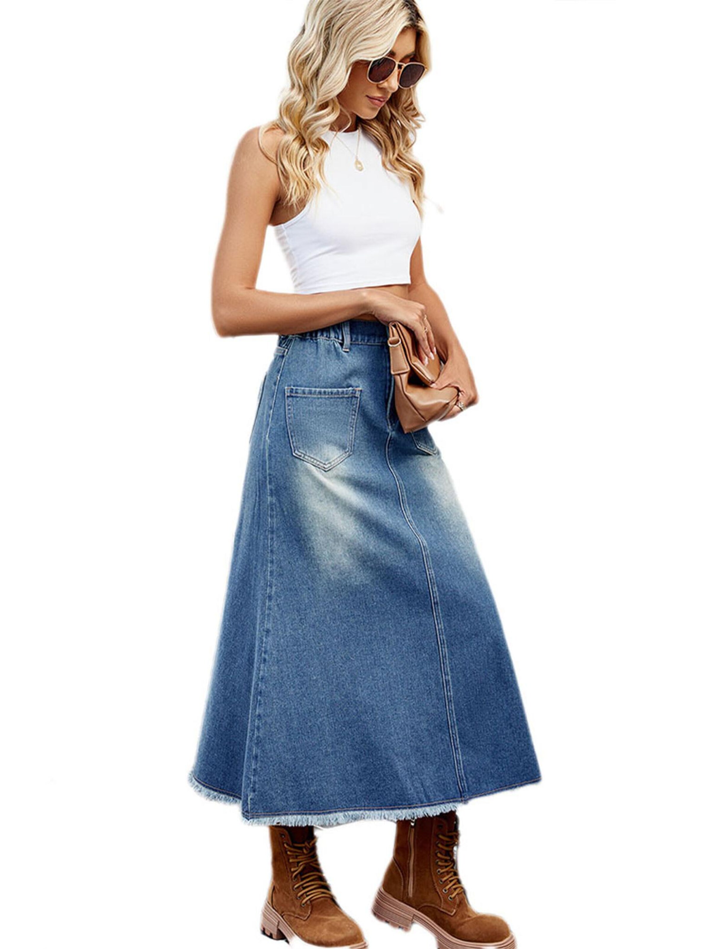 KoJooin Rock 'Damen-Jeansrock Maxi A-Linie Hochtailliert Offener Saum Lässiger Jeansrock'‌‌‌‌‌‌‌‌‌‌ in Blau