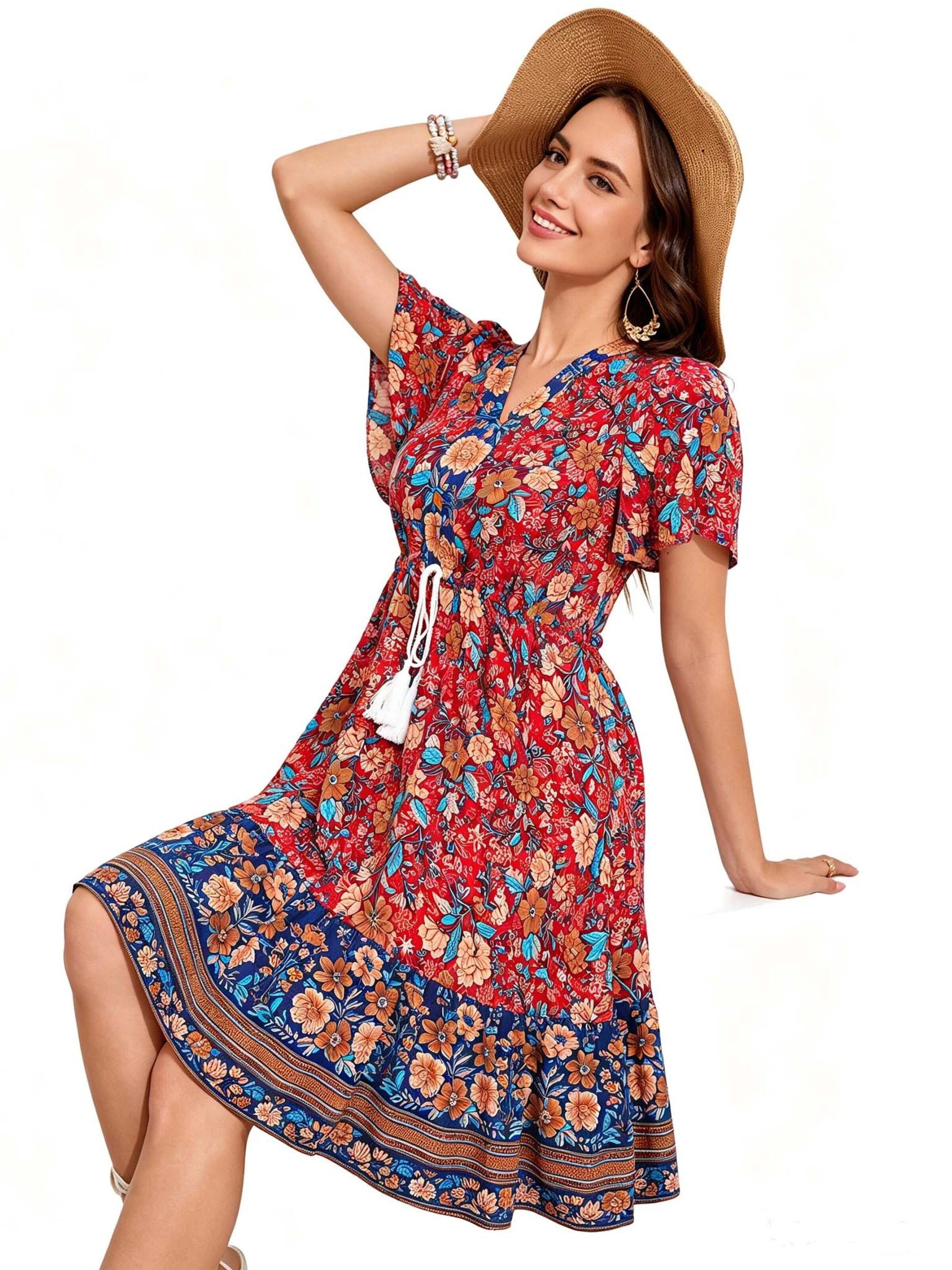 KoJooin Sukienka 'Damen Sommerkleid mit Kurzarm, platziertem Blumenprint und lässigem Boho-Look' w kolorze różowy