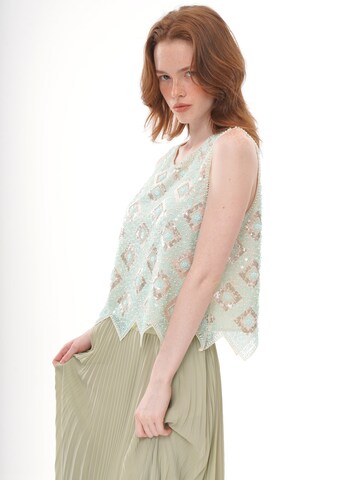 yoligex Top 'Mint Green Geometric Floral Beaded Sequin Mesh Sleeveless Top, Round Neck Irregular Pointed Hem Sheer Vest' w kolorze zielony