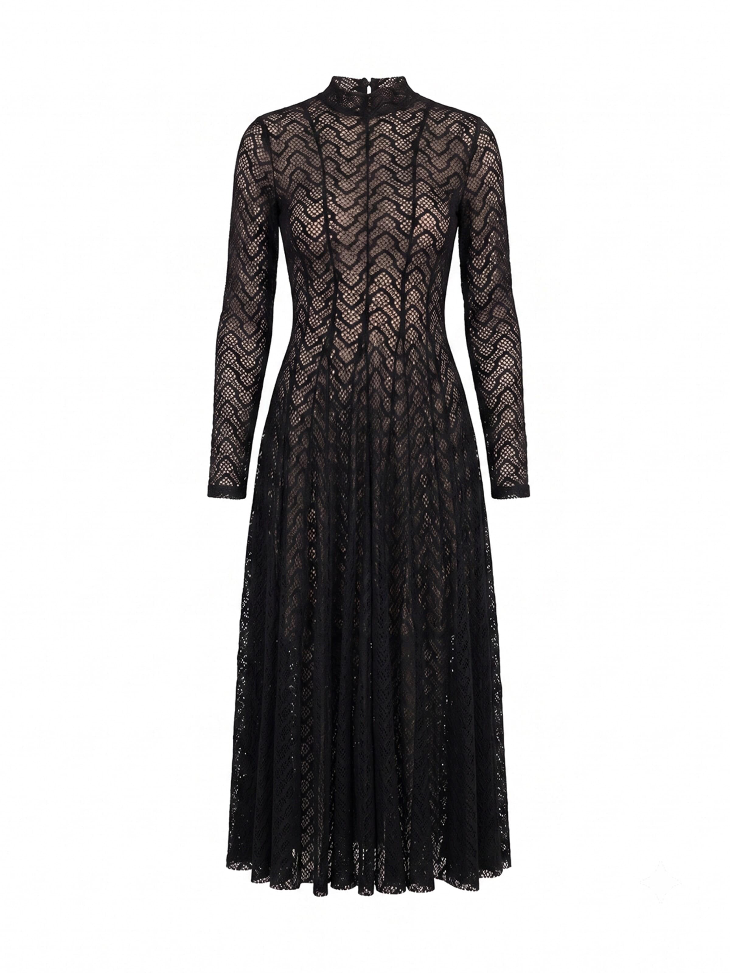 Tantra Evening Dress 'Vestido largo de manga larga  de encaje con textura, falda de vuelo con pinzas (BLACK)' in Black: front