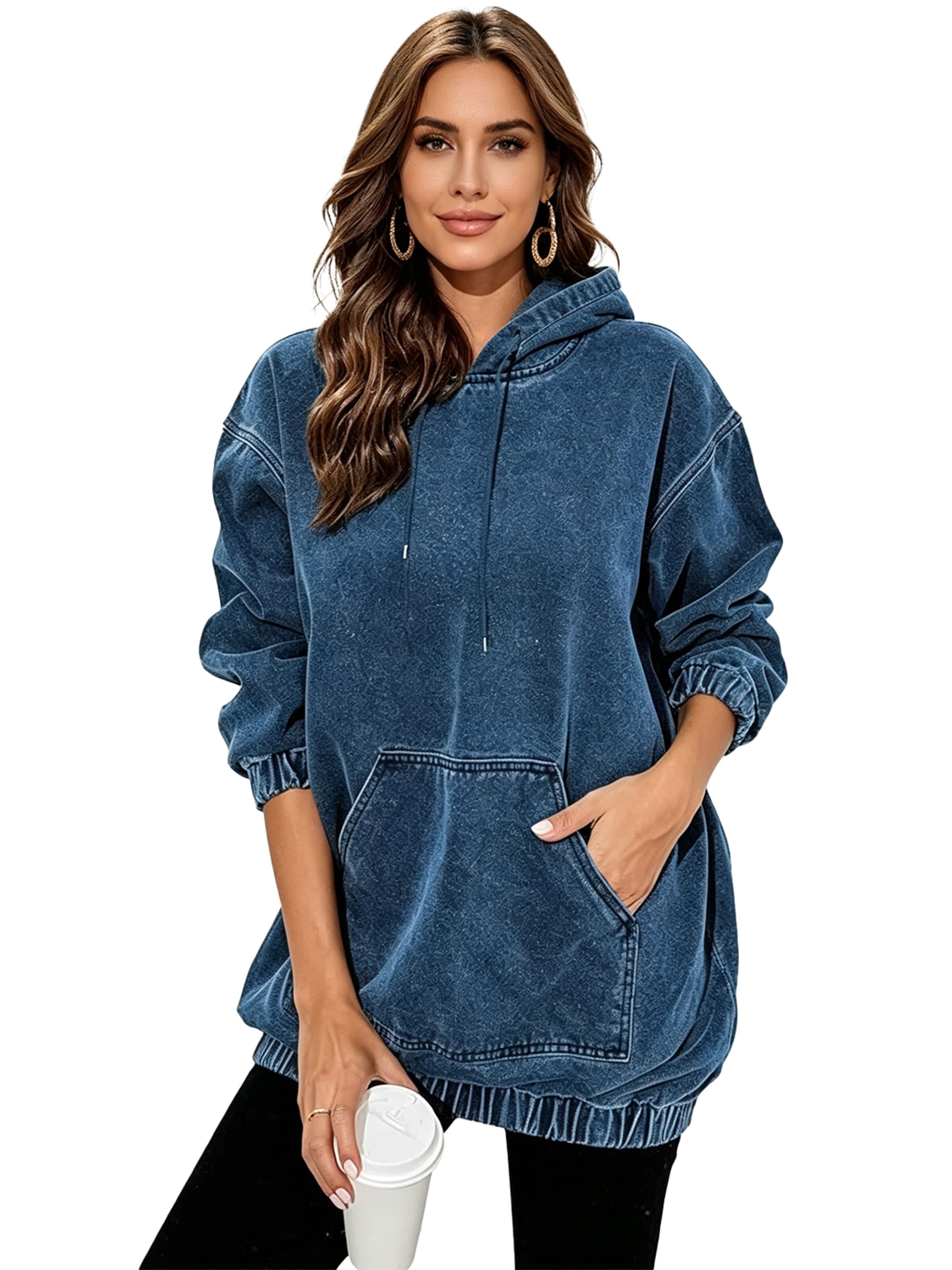KoJooin Bluzka sportowa 'Damen Denim Hoodie Langärmeliger Pullover mit Kapuze und Taschen Jeansjacke in Sweatshirt-Optik' w kolorze niebieski: przód