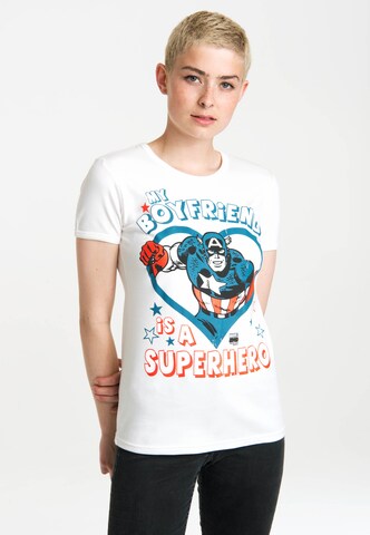 LOGOSHIRT Shirt 'Marvel - My Boyfriend Is A Superhero' in White: front