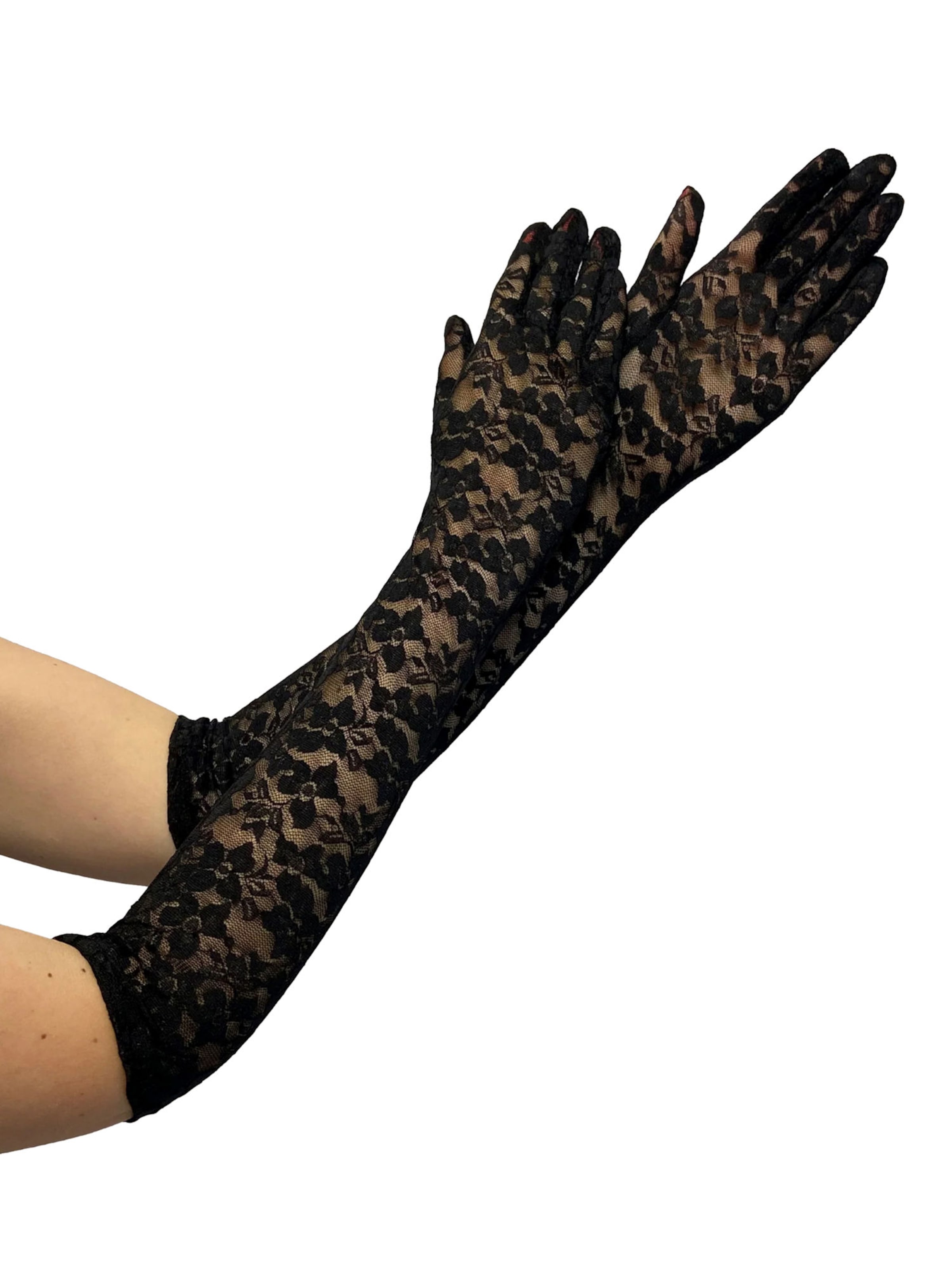 Dirndline Full Finger Gloves 'Spitzenhandschuhe, lang' in Black: front