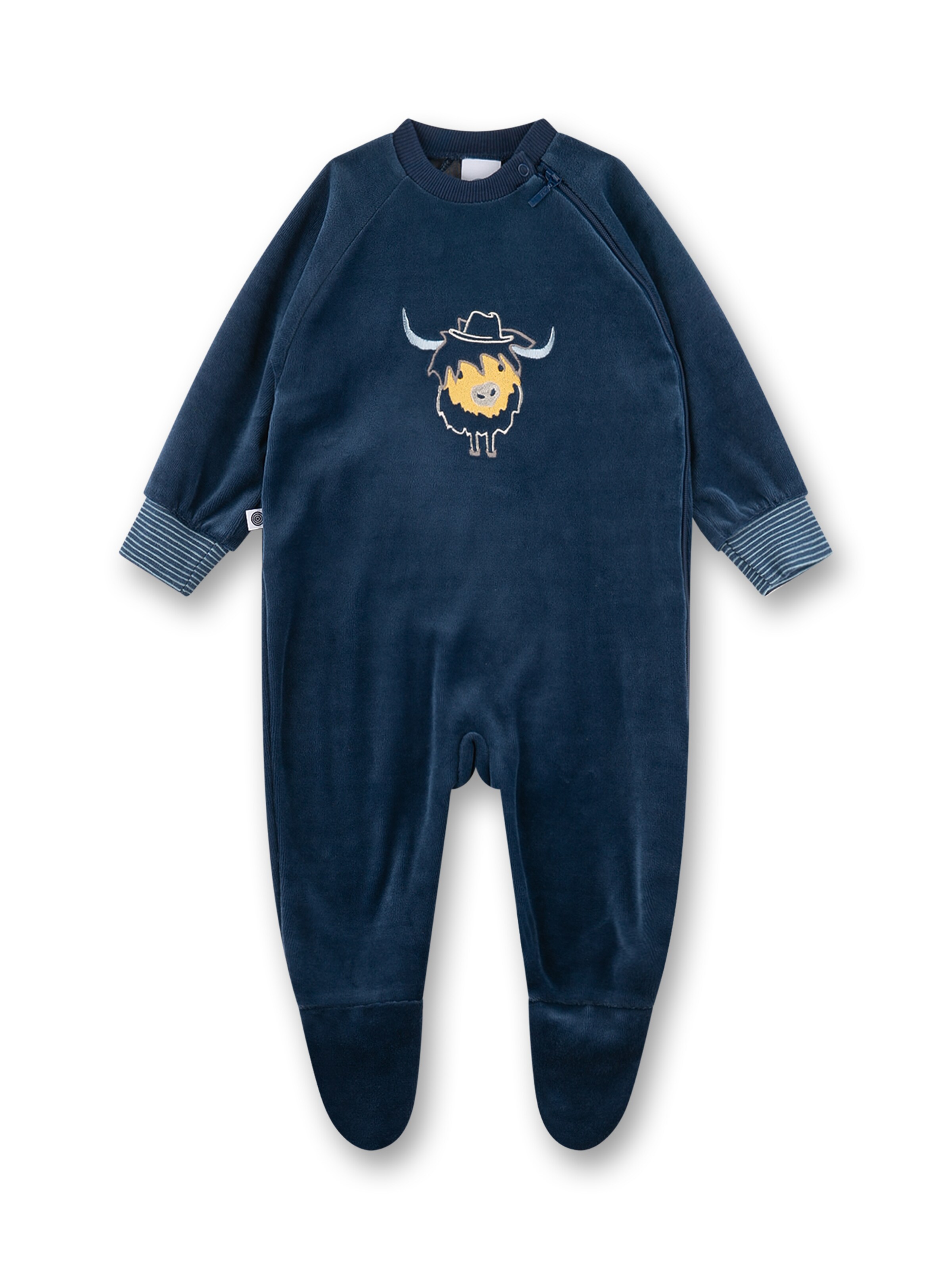 Sanetta Strampler 'Büffel' in Blau: Vorderseite